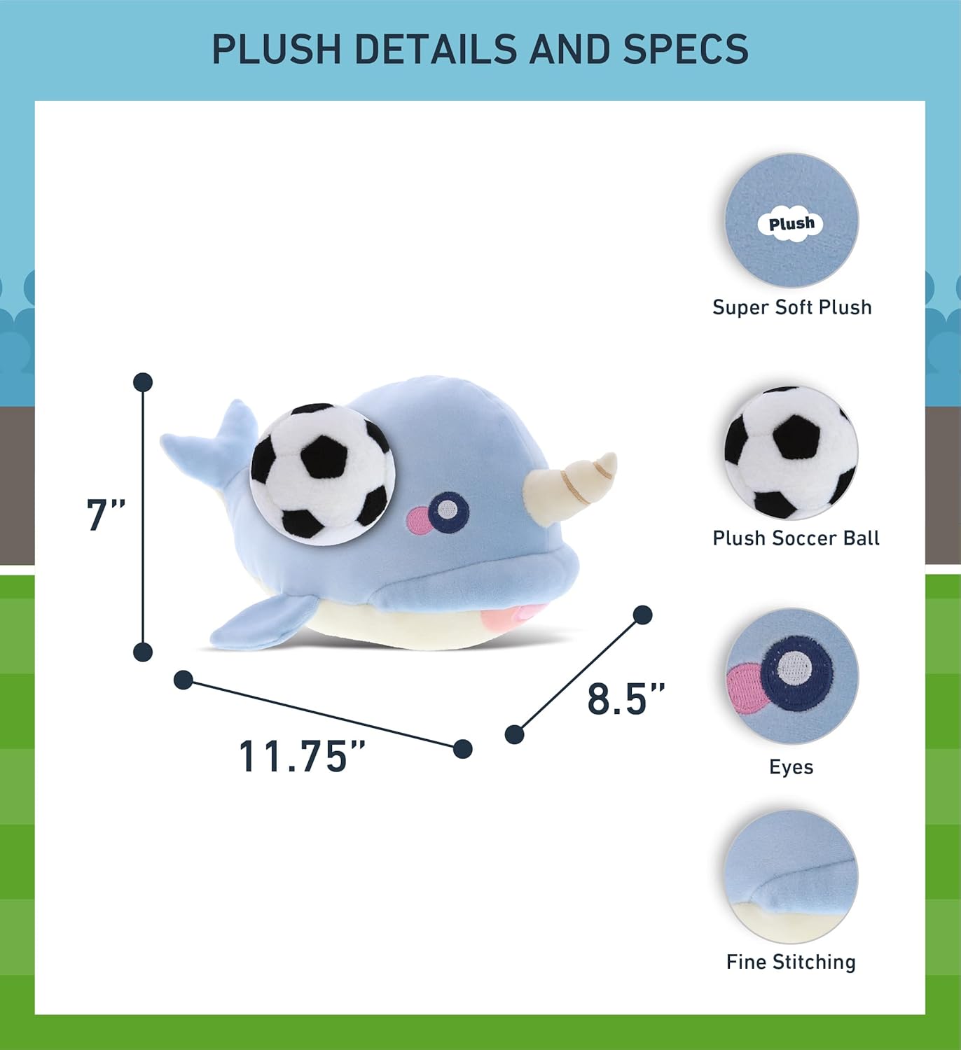 DolliBu Blue Narwhal Plush with Soccer Ball - 1175 Inch Huggable Stuffed Animal 1