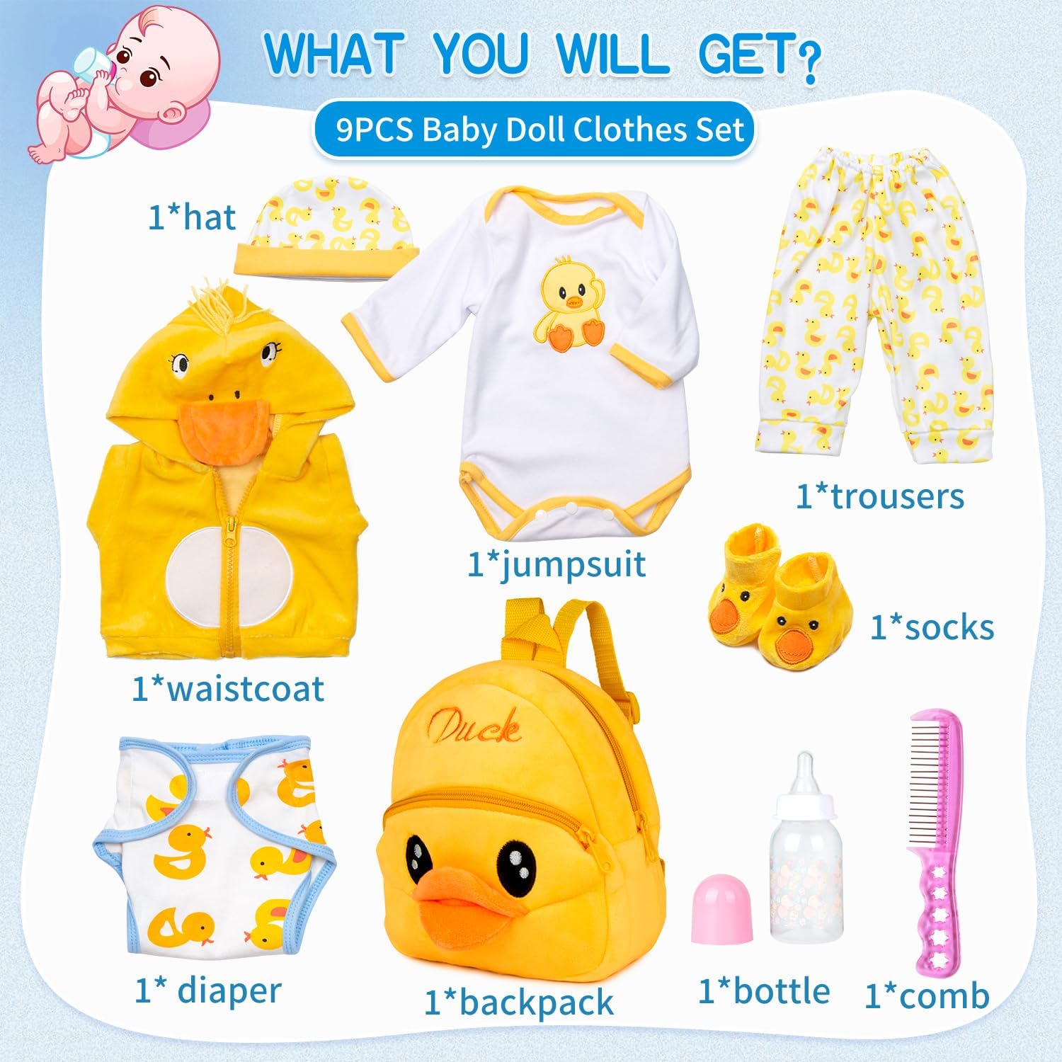Pedolltree Reborn Baby Doll 9pcs Yellow Duck Set