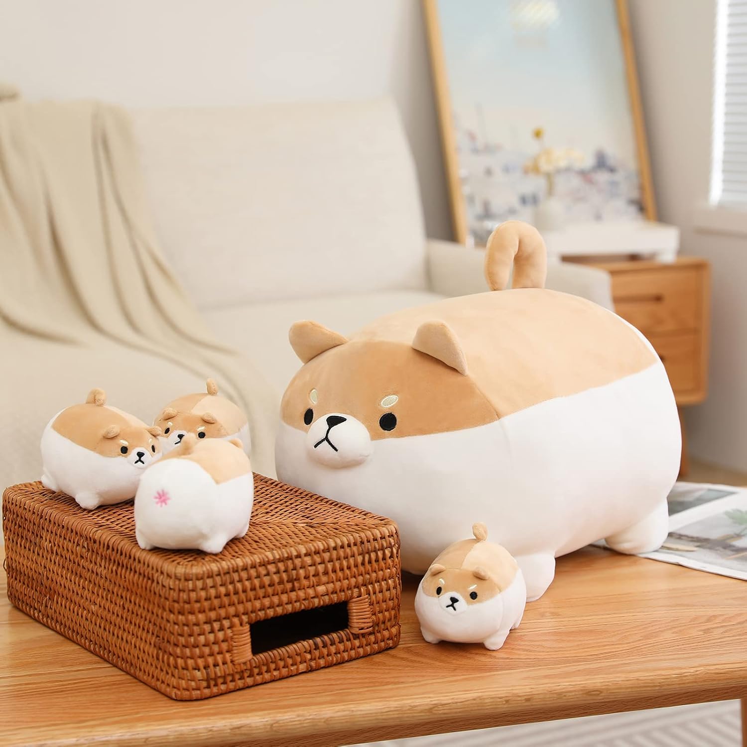 SQEQE Shiba Inu Plush Toy with 4 Zipper Baby Shiba Inu