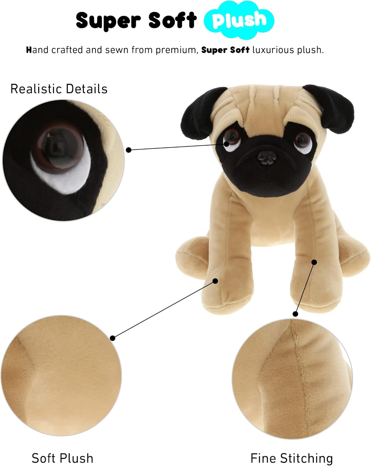 DolliBu 8 Inch Sitting Pug Plush Toy for Kids Adults