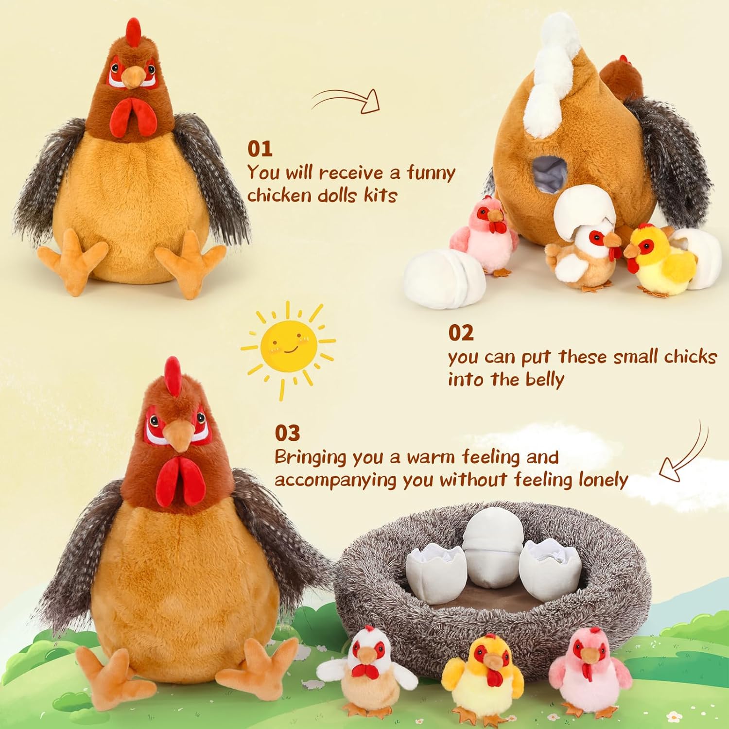 BENINY Egg Laying Hen Plush Toys with Baby Chicks and Coop