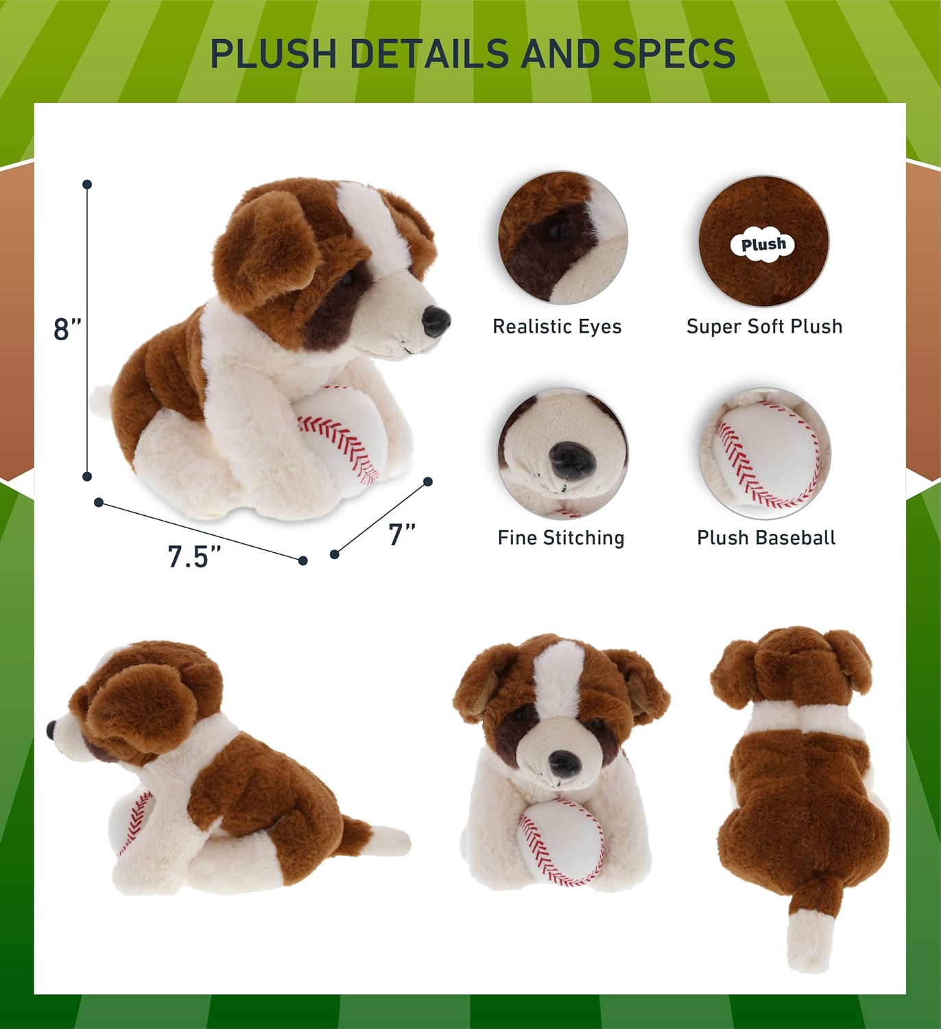 DolliBu St Bernard Dog Plush with Baseball - 8 Inches