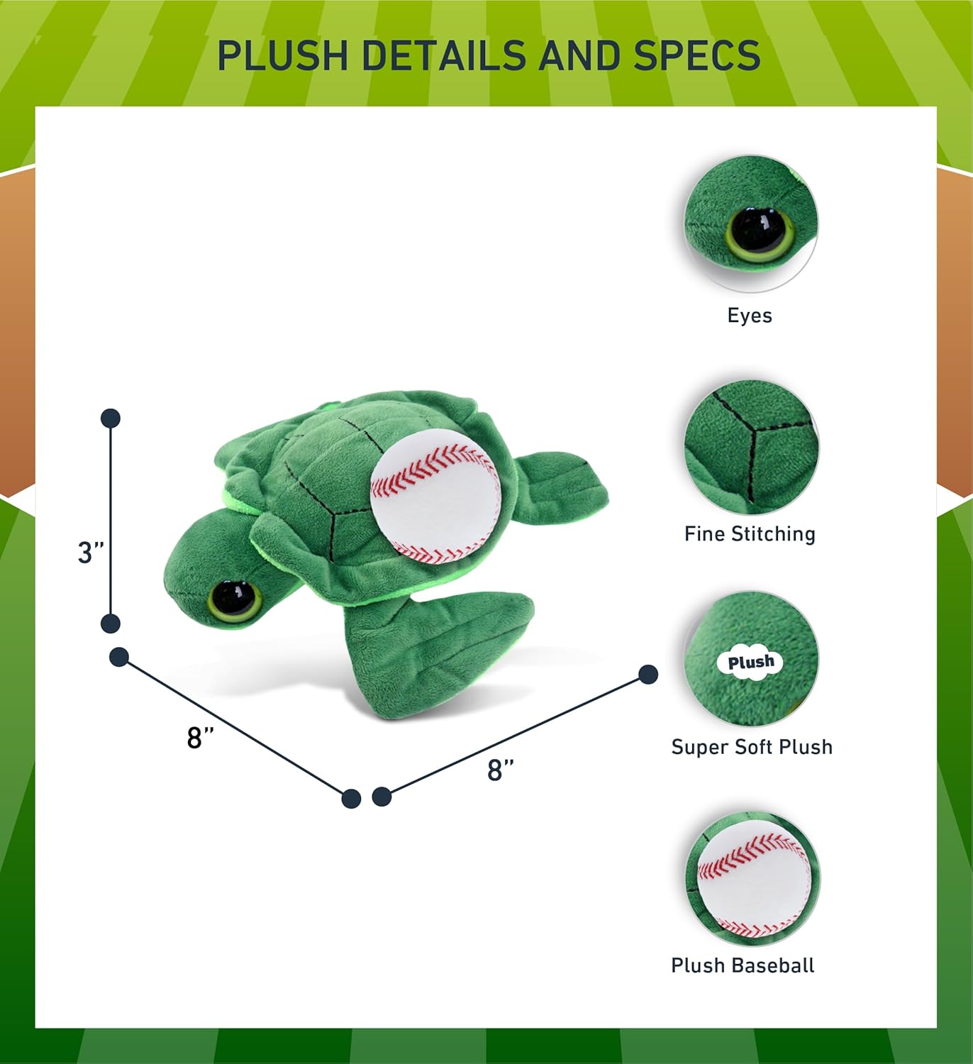 DolliBu Big-Eye Sea Turtle Plush with Baseball