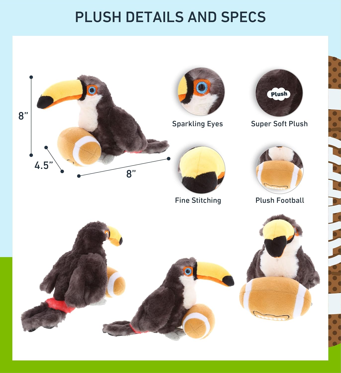 DolliBu Toucan Plush with Football - 8 Inch Huggable Stuffed Animal