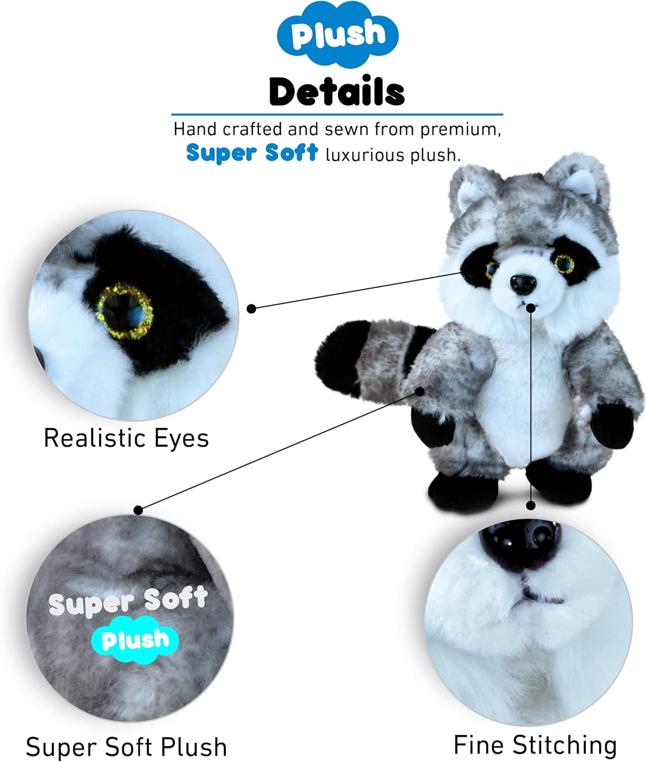 DolliBu Plush Stuffed Animal Gray Raccoon 8 Inches
