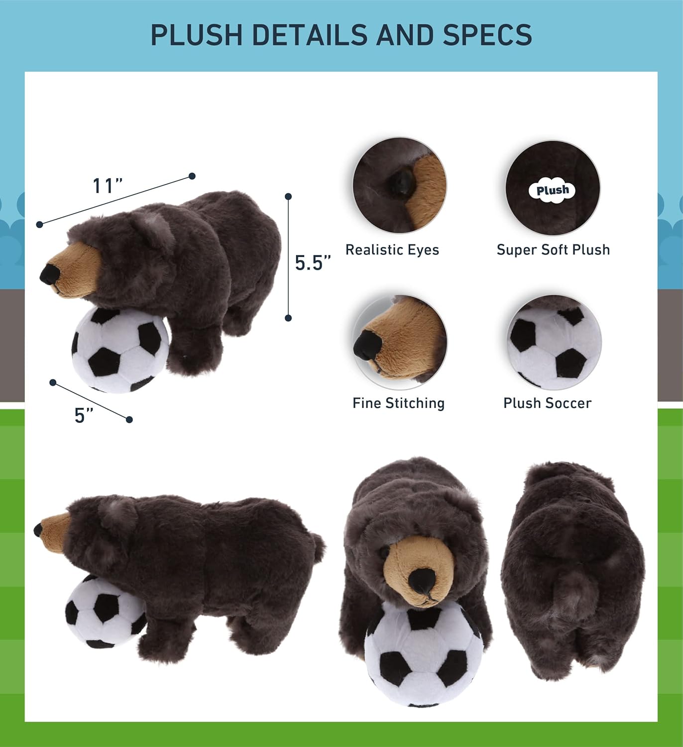 DolliBu Standing Wild Black Bear Plush with Soccer Ball - 11 Inch