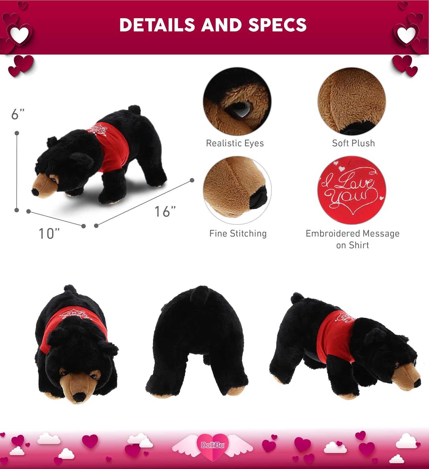 DolliBu I Love You Valentine Plush Black Bear - 16 Inches
