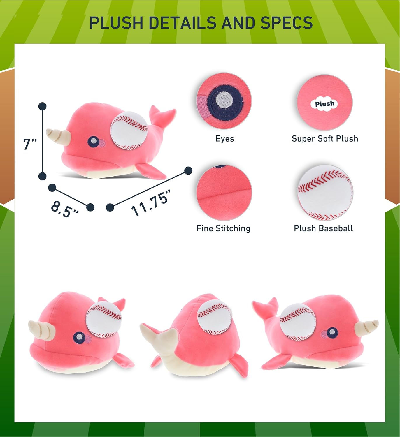 DolliBu Pink Narwhal Plush Toy with Baseball - 1175 Inch Stuffed Animal