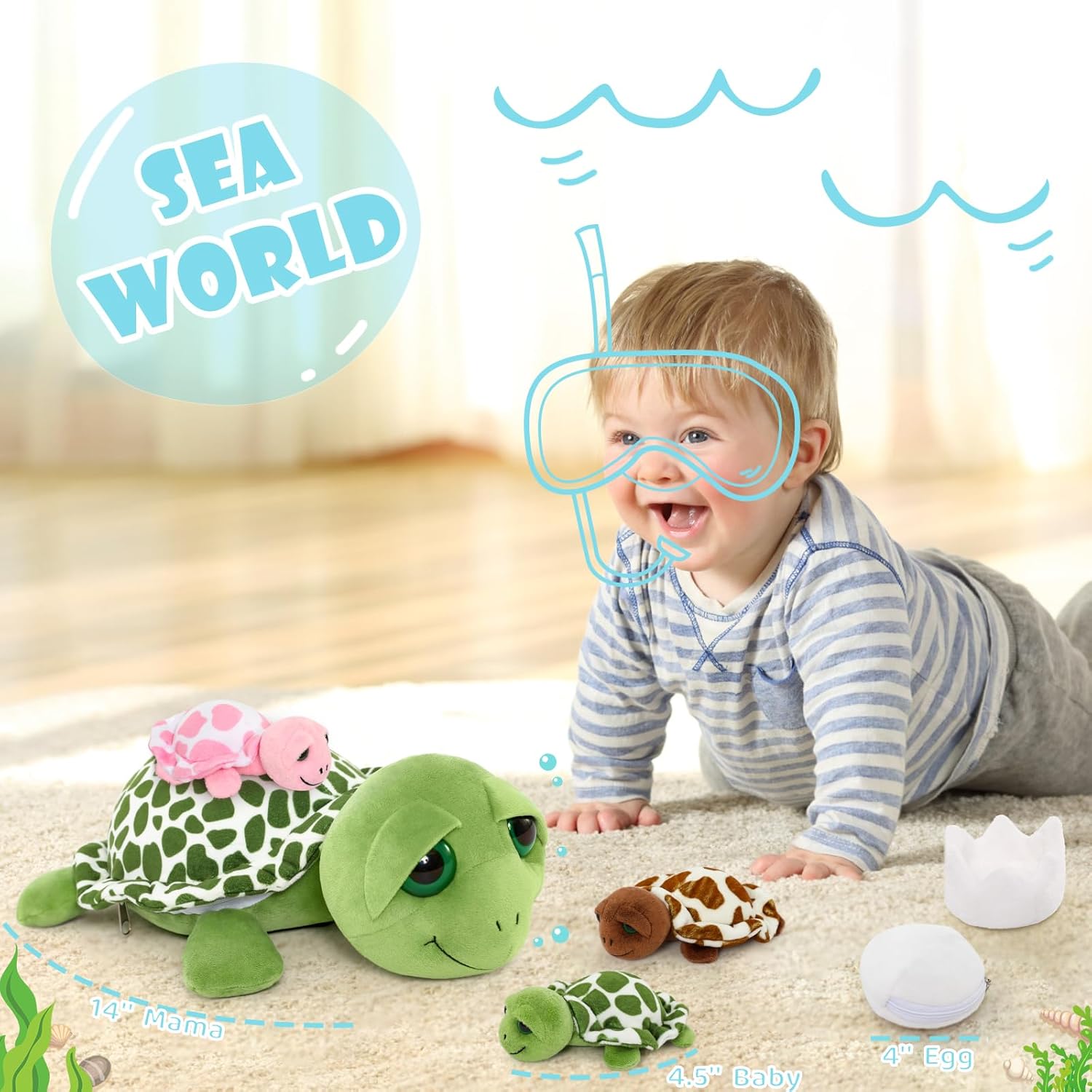 MorisMos Sea Turtle Plush Family Toy with Zipper Belly