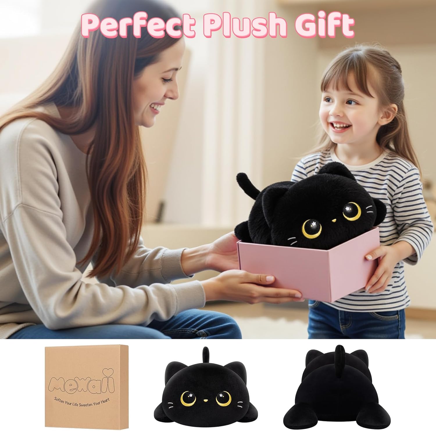 Cute Black Cat Plush Pillow for Kids Girls