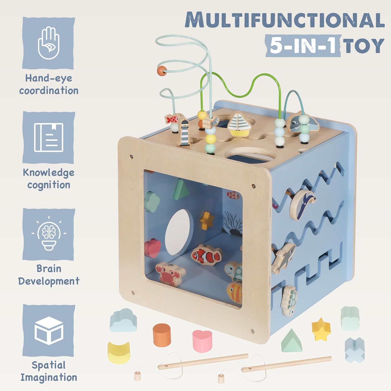 Buoyantkids 7-in-1 Wooden Activity Cube for Toddlers 1-3