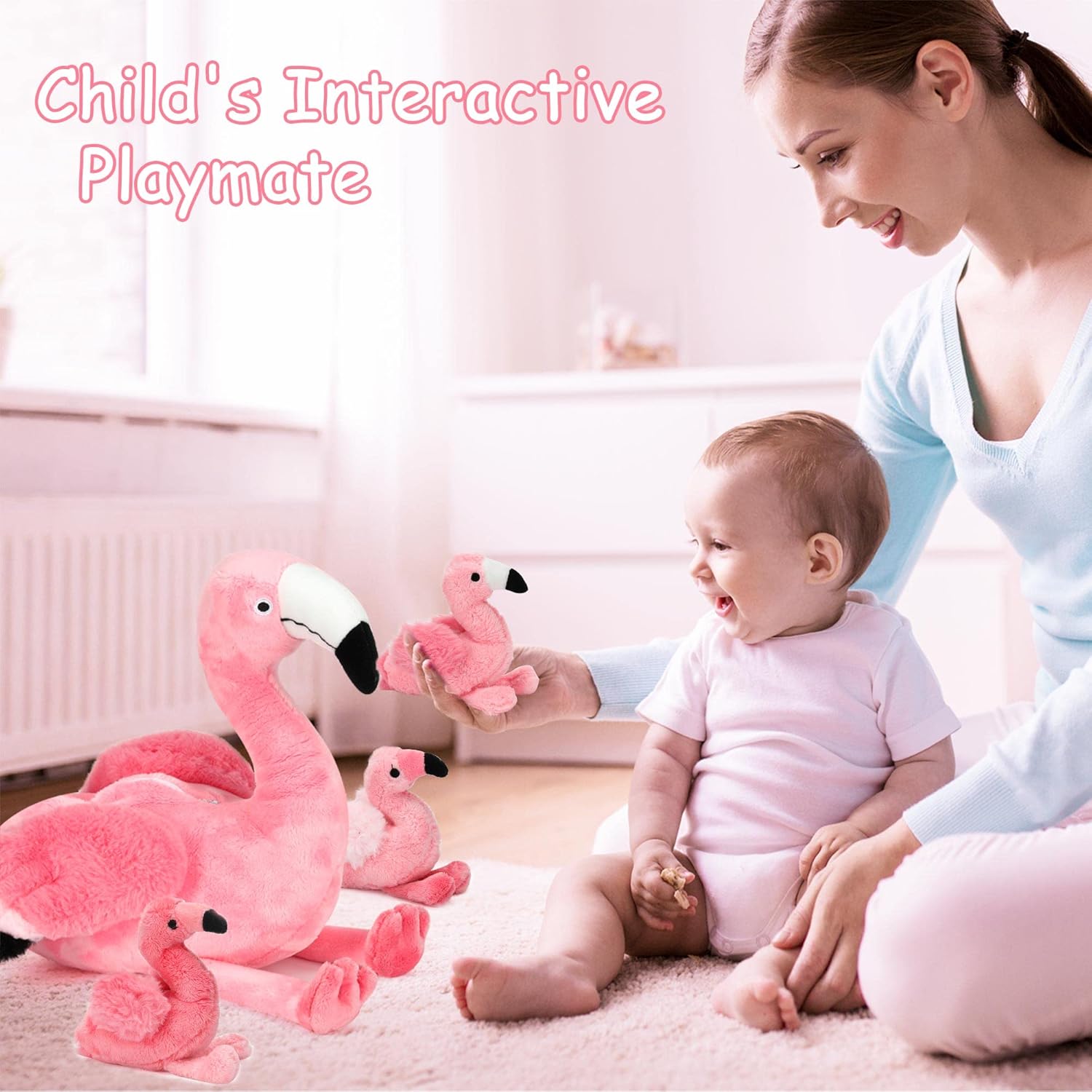 21 Inch Flamingo Plush Toy with 4 Babies - Soft Cute Machine Washable