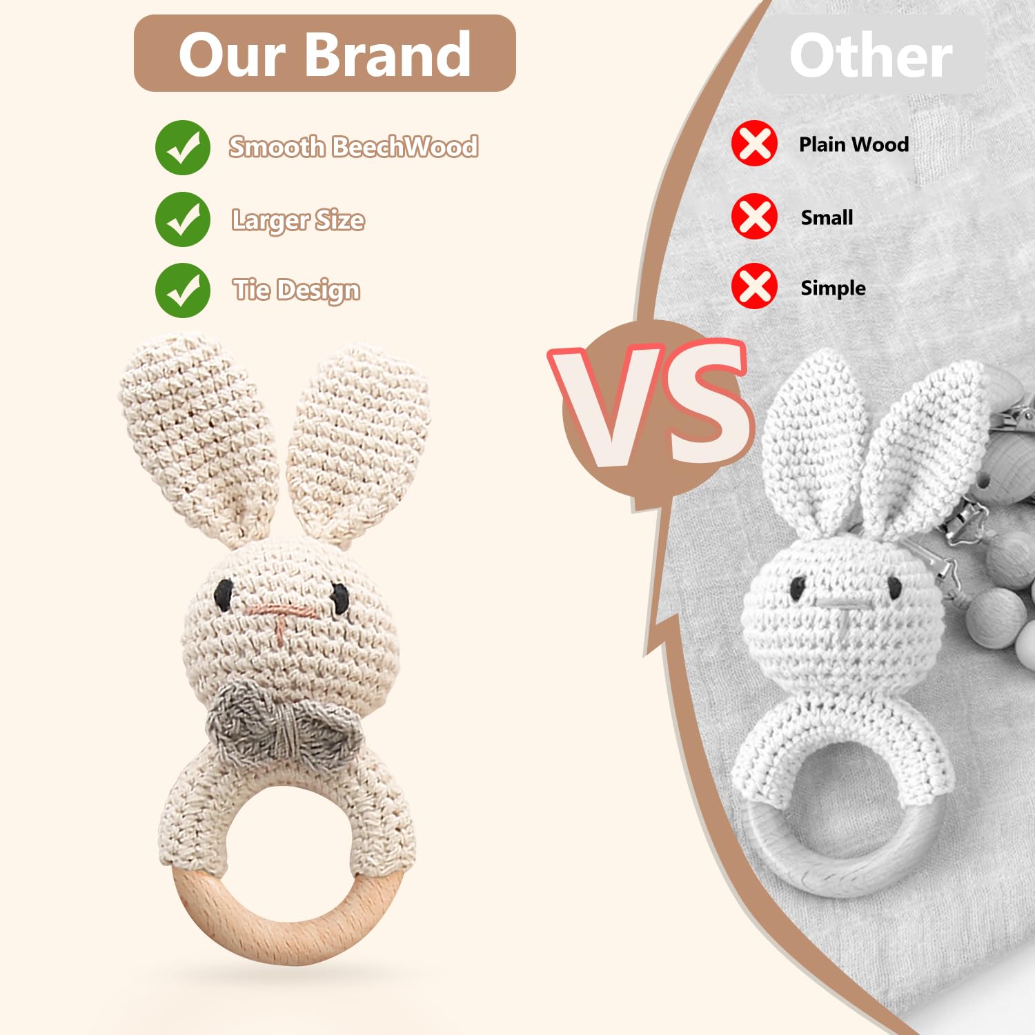 TUOWITA Wooden Baby Rattle with Teething Ring