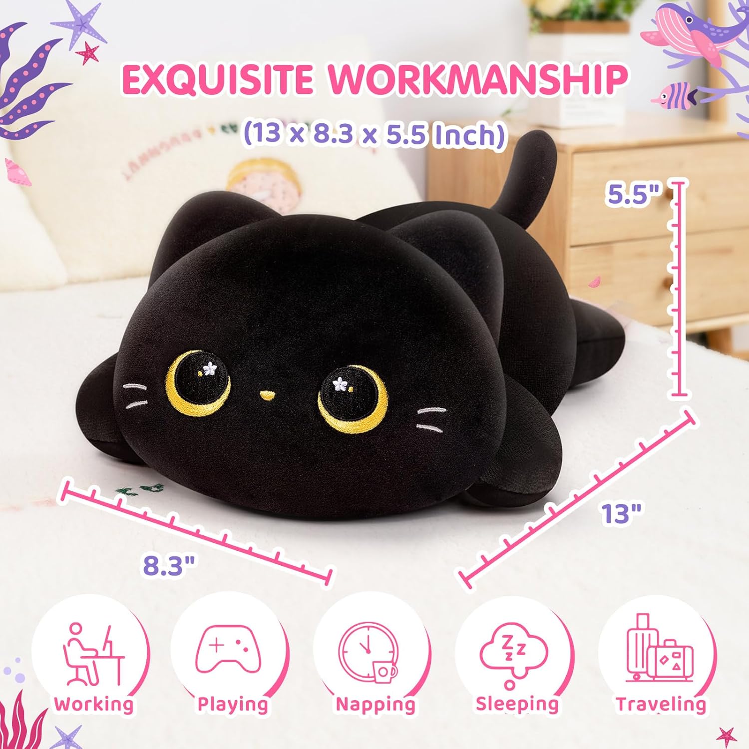Cute Black Cat Plush Pillow for Kids Girls