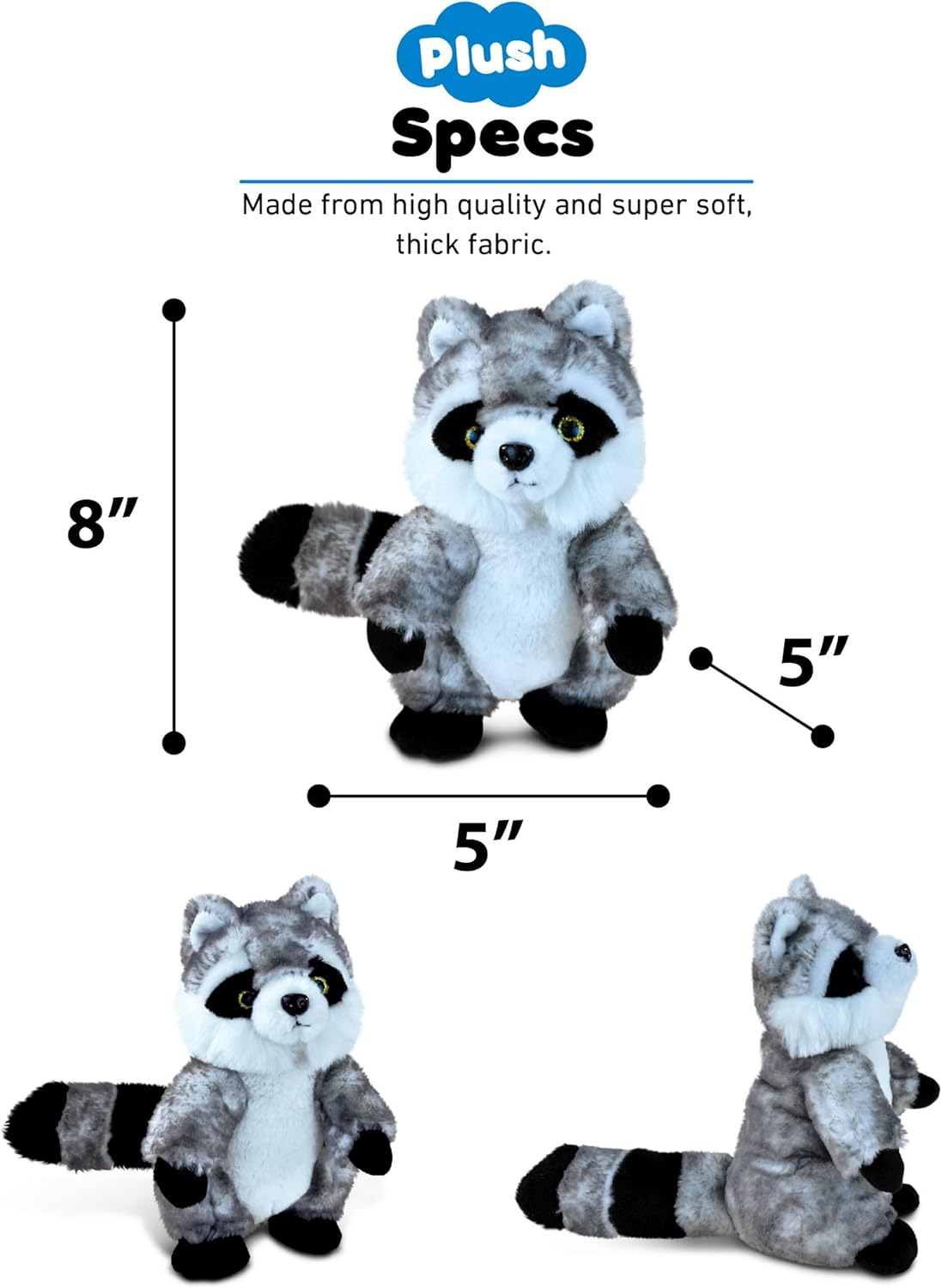 DolliBu Plush Stuffed Animal Gray Raccoon 8 Inches