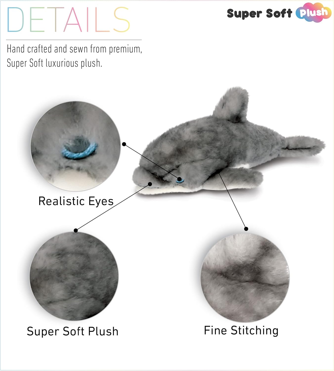 DolliBu Plush Dolphin Toy - 125 Inch Grey Huggable Stuffed Animal