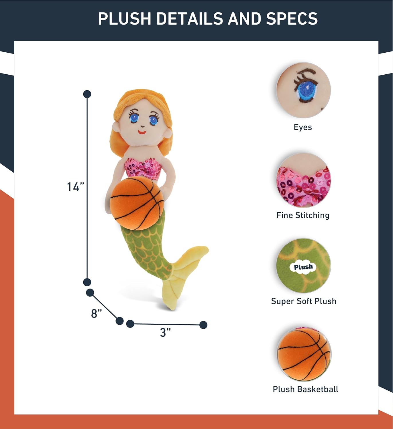 DolliBu Green Mermaid Stuffed Animal with Basketball Plush - 14 Inch