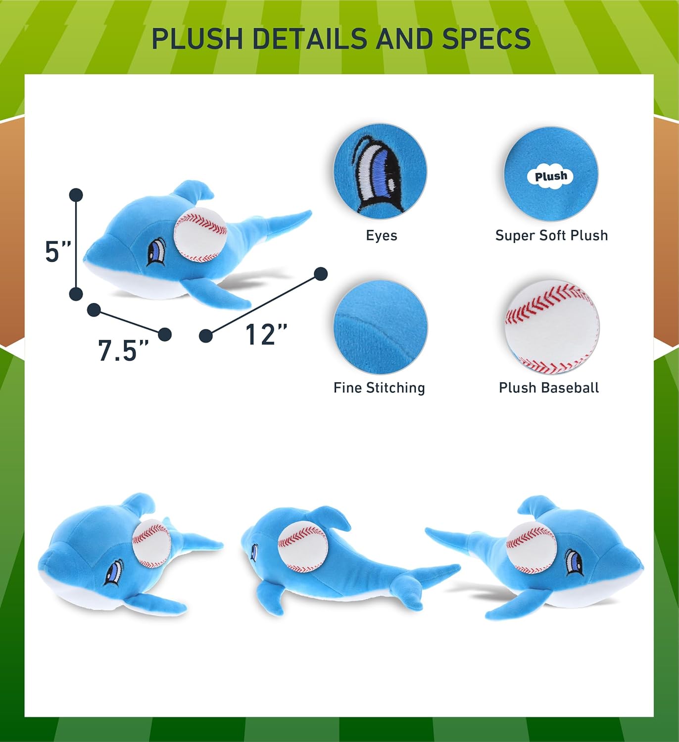 DolliBu Blue Dolphin Plush with Baseball - 12 Inches