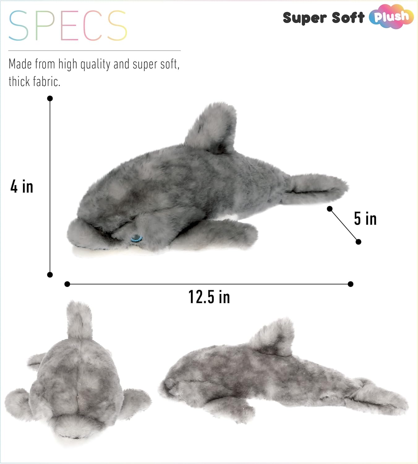 DolliBu Plush Dolphin Toy - 125 Inch Grey Huggable Stuffed Animal