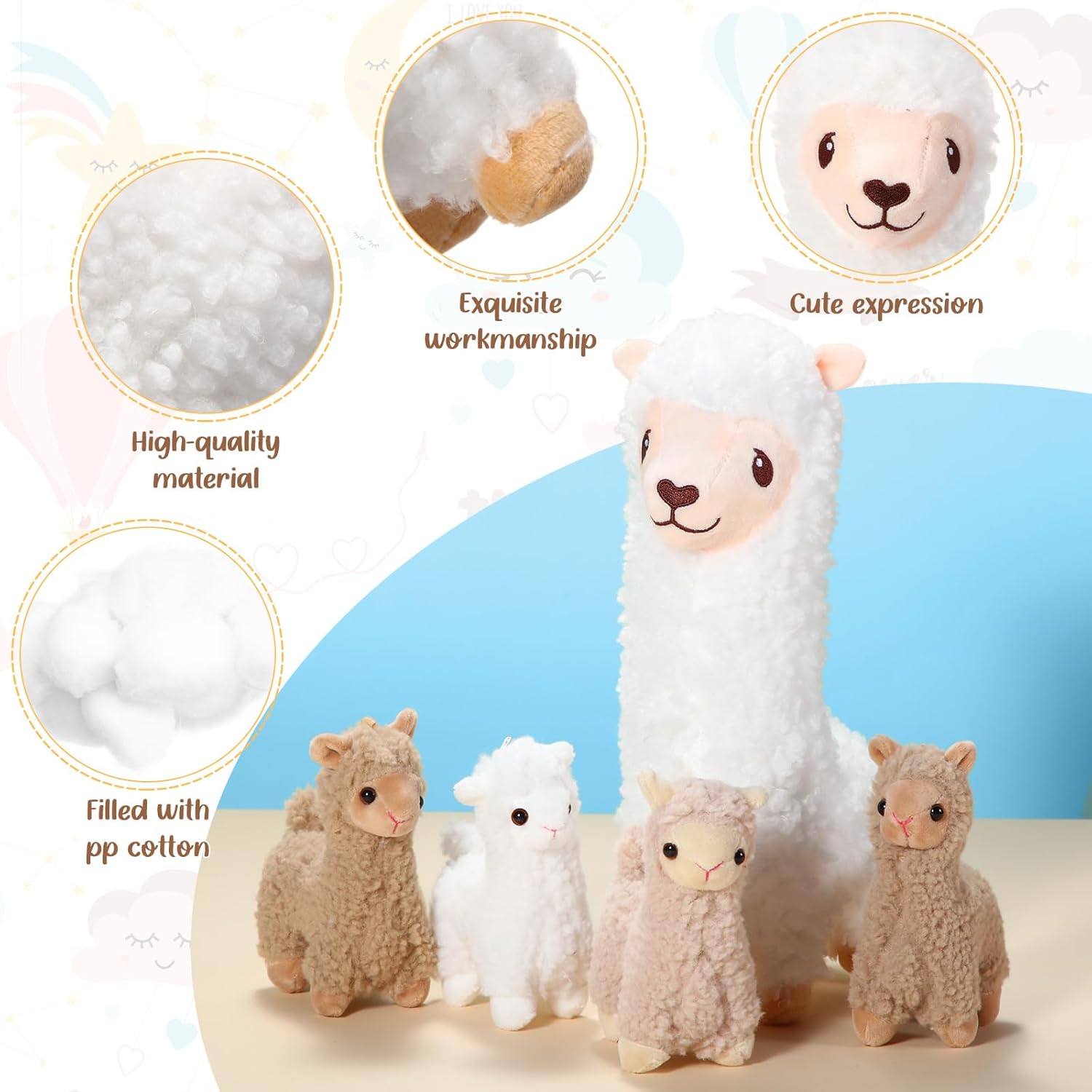 Jenaai Llama Plush Set with 4 Baby Llamas Cute Stuffed Animals