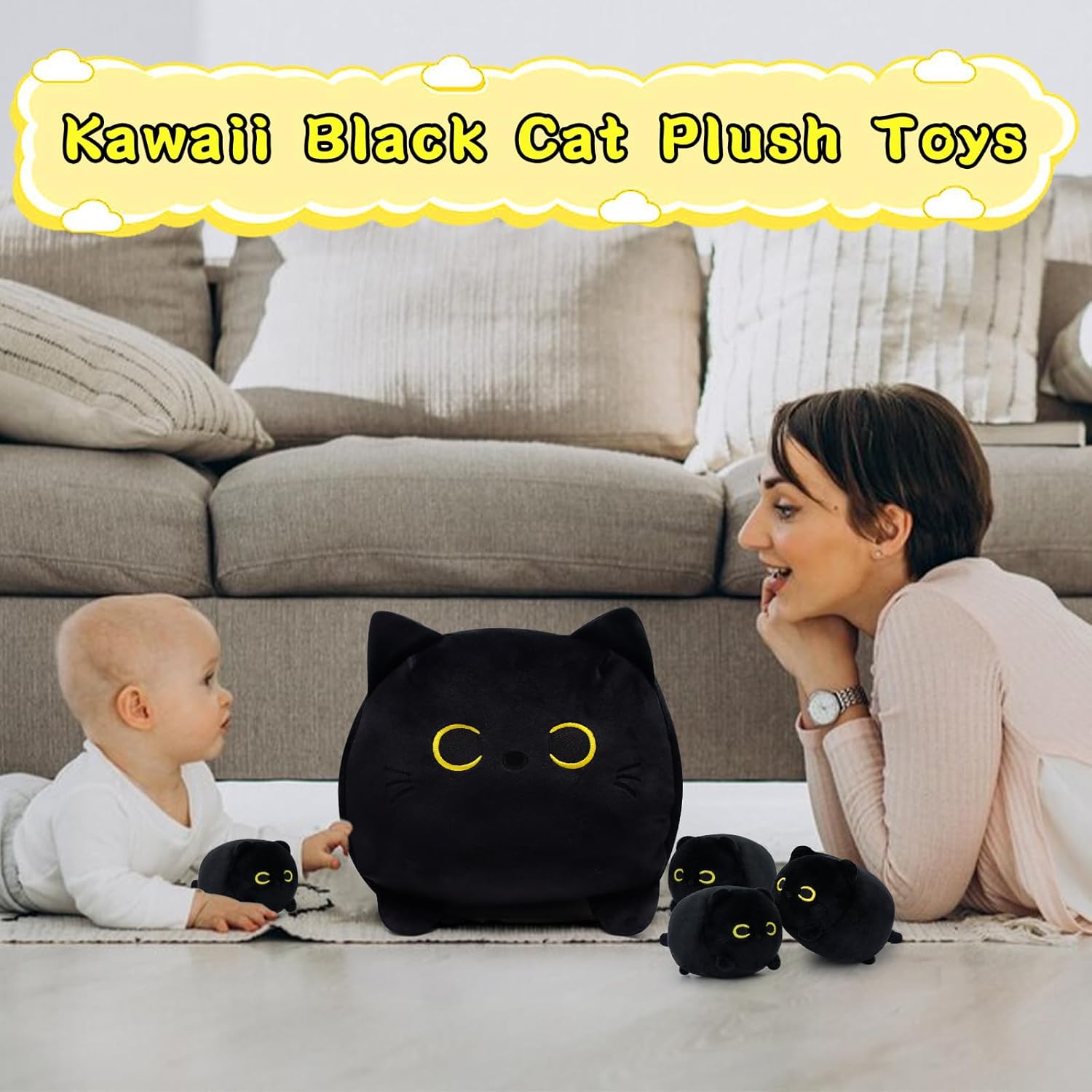 Black Cat Plushie Toy with 4 Baby Kittens