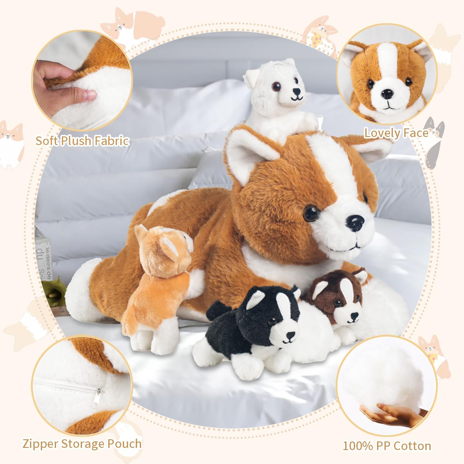 5 Pieces Dog Stuffed Animal Set with Babies