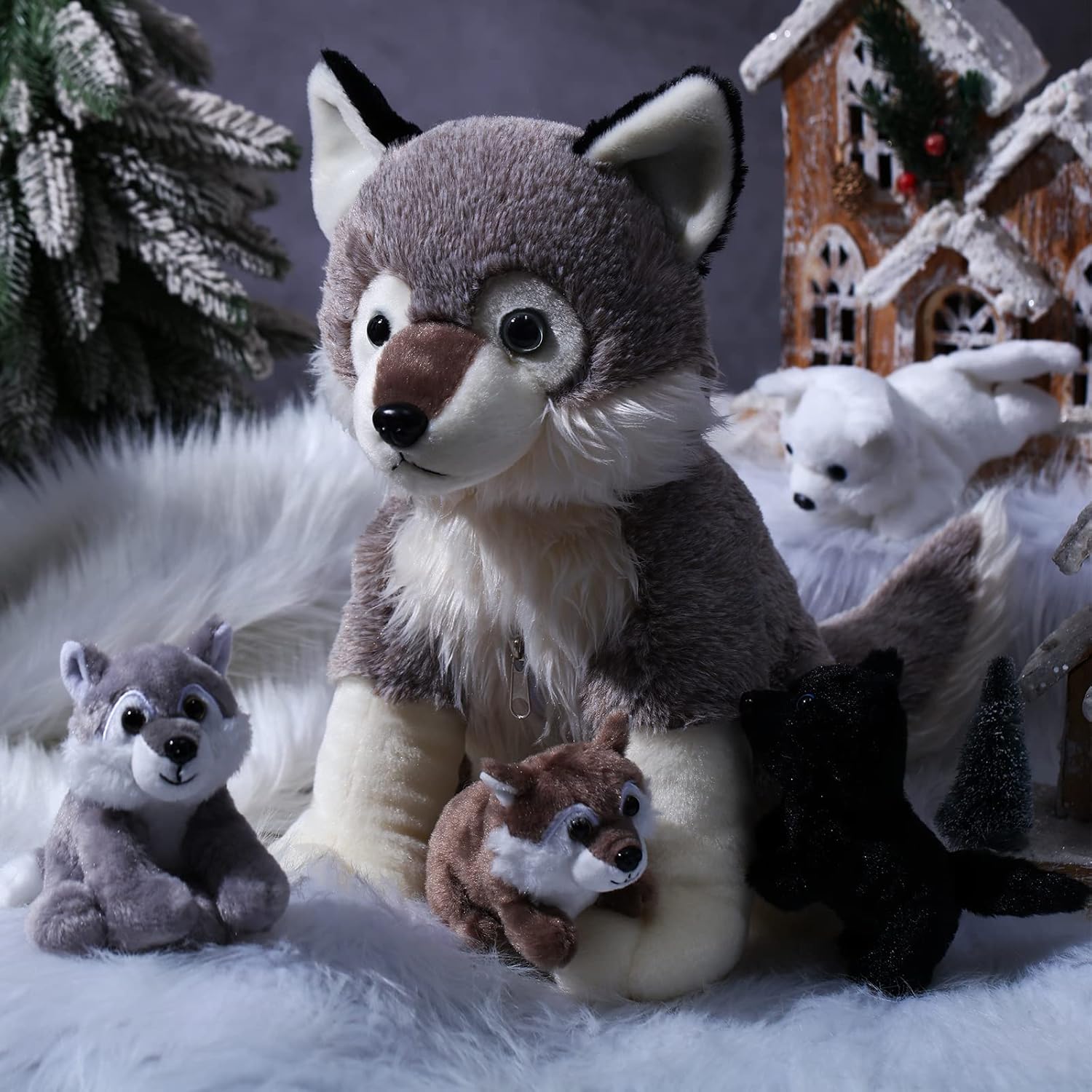 Honoson 5 Pcs Wolf Plush Toy Set with 4 Cute Babies