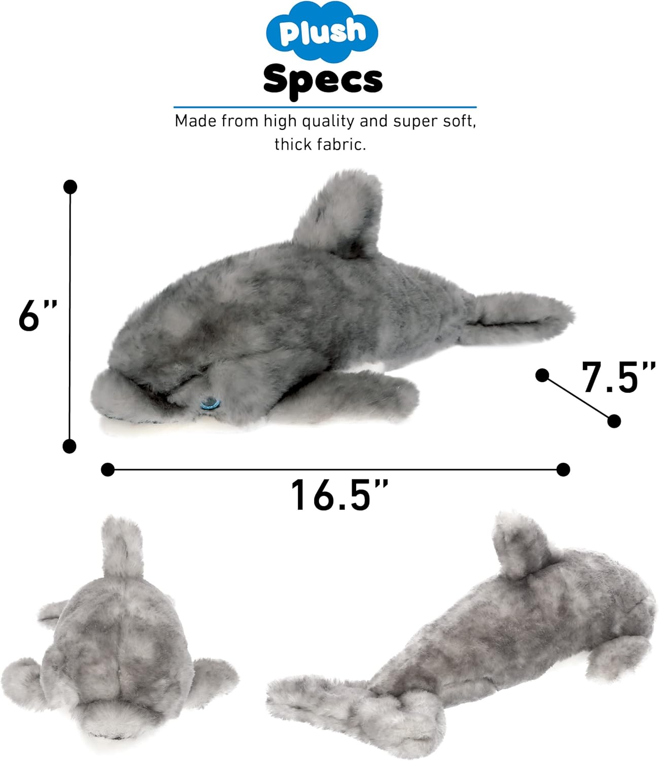 DolliBu Grey Dolphin Plush Toy - 165 Inch Huggable Stuffed Animal