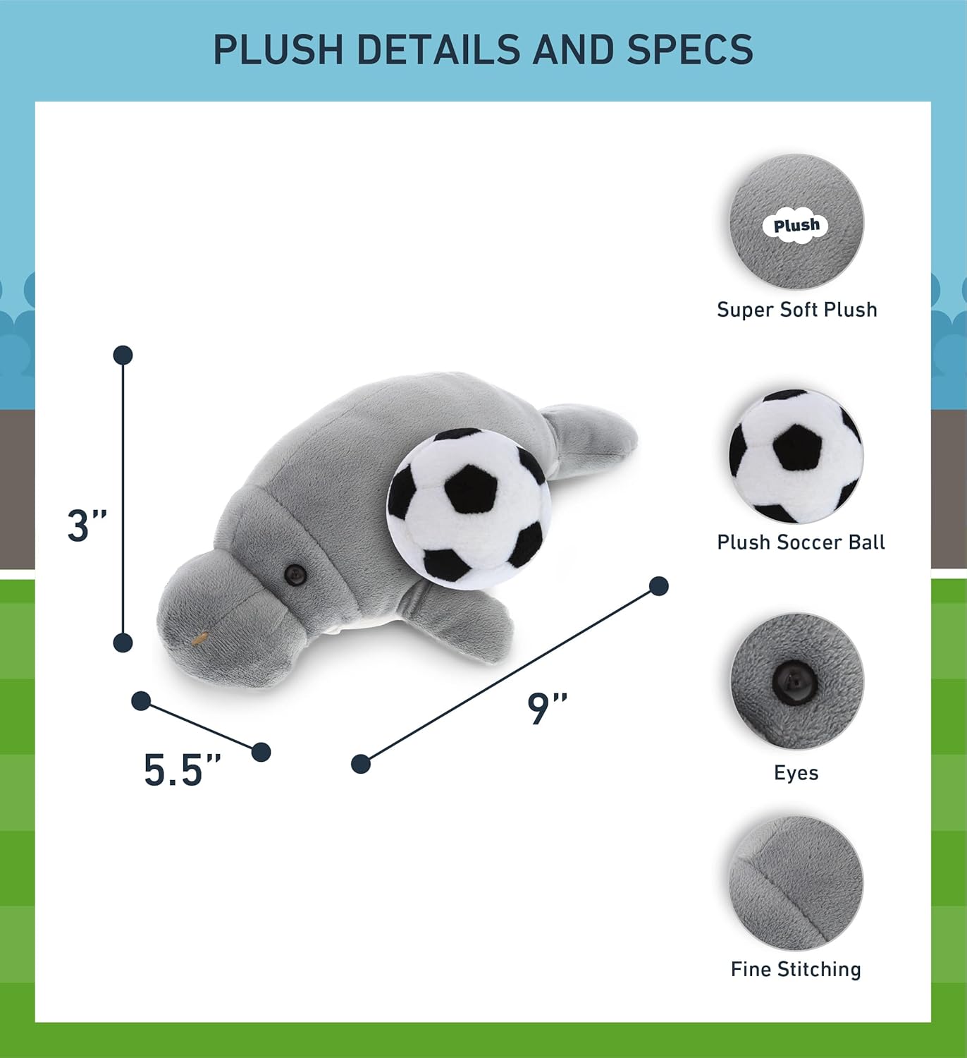 DolliBu Grey Manatee Stuffed Animal with Soccer Ball