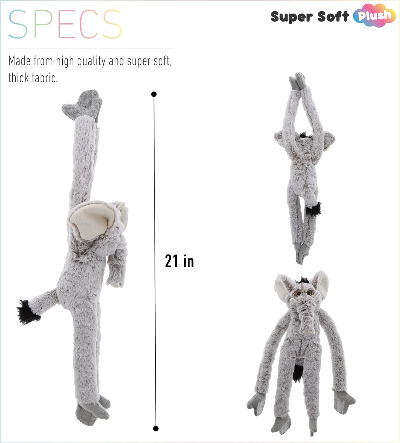 DolliBu 21 Inch Hanging Plush Elephant with Hook Loop Tape