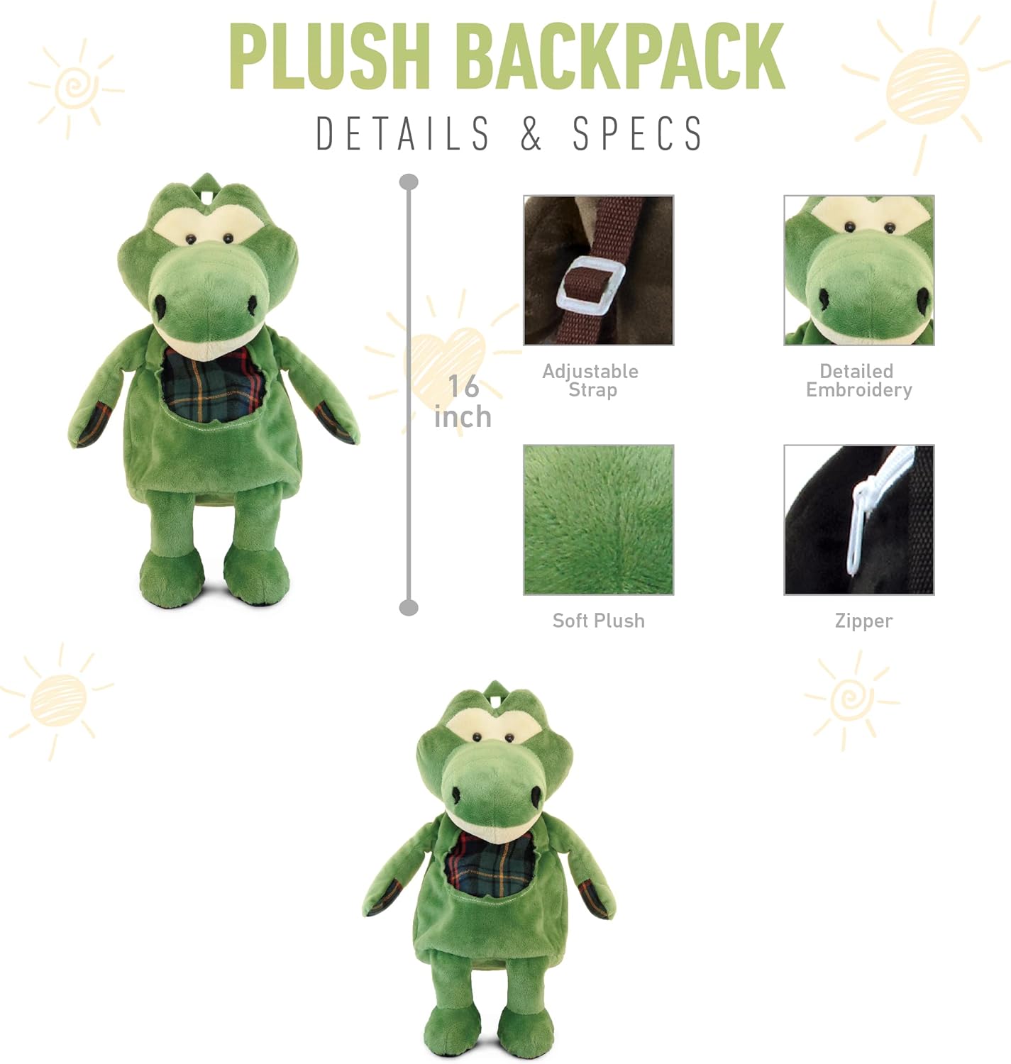 DolliBu Alligator Plush Backpack 14 Cute Kids Travel Bag