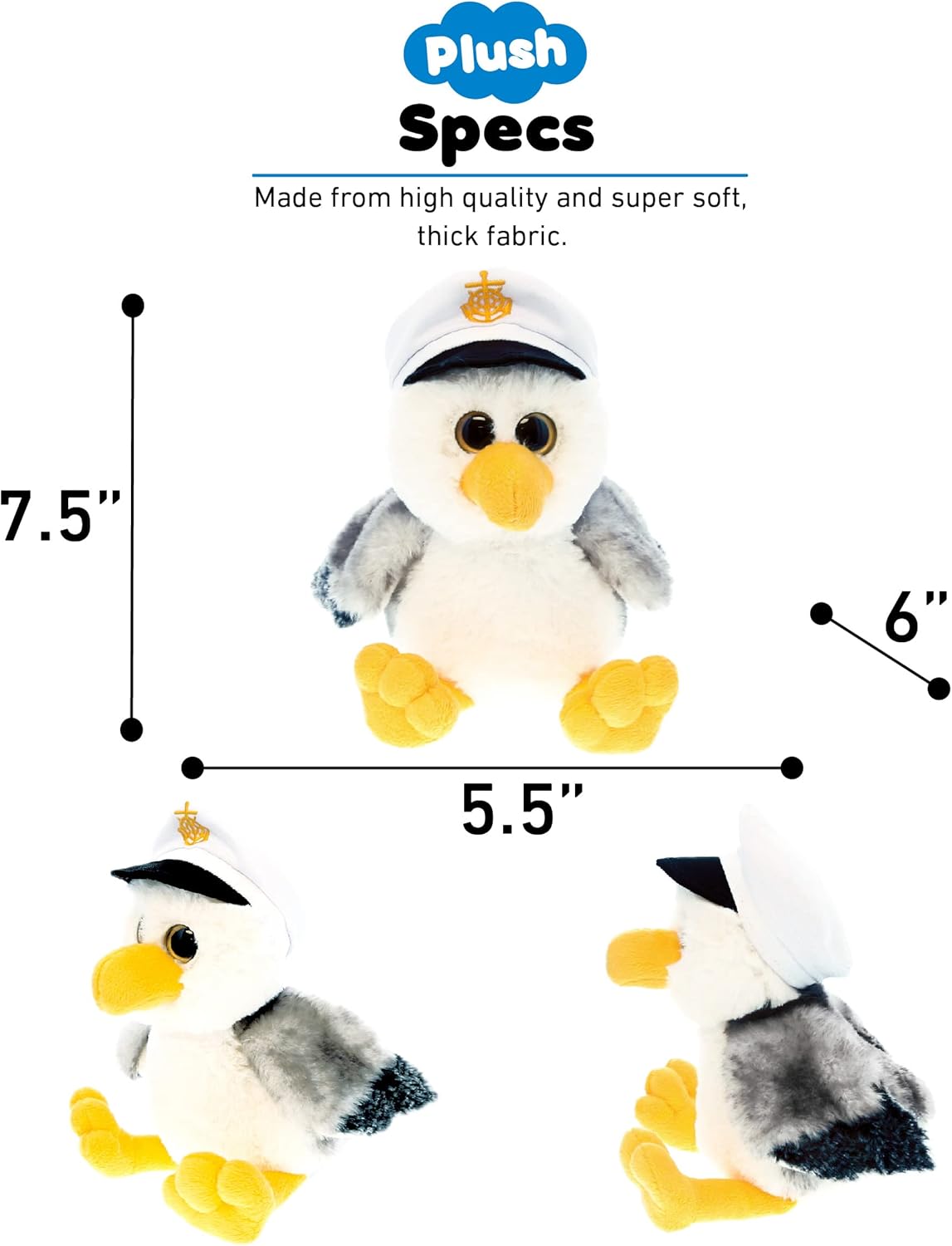 DolliBu Plush Seagull - Soft Gray Sailor Cuddle Toy for Kids Adults