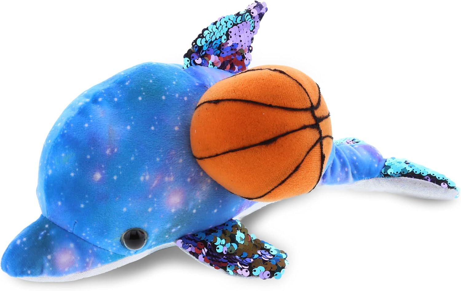 DolliBu Space Sequin Dolphin Plush with Basketball - 12 Inch