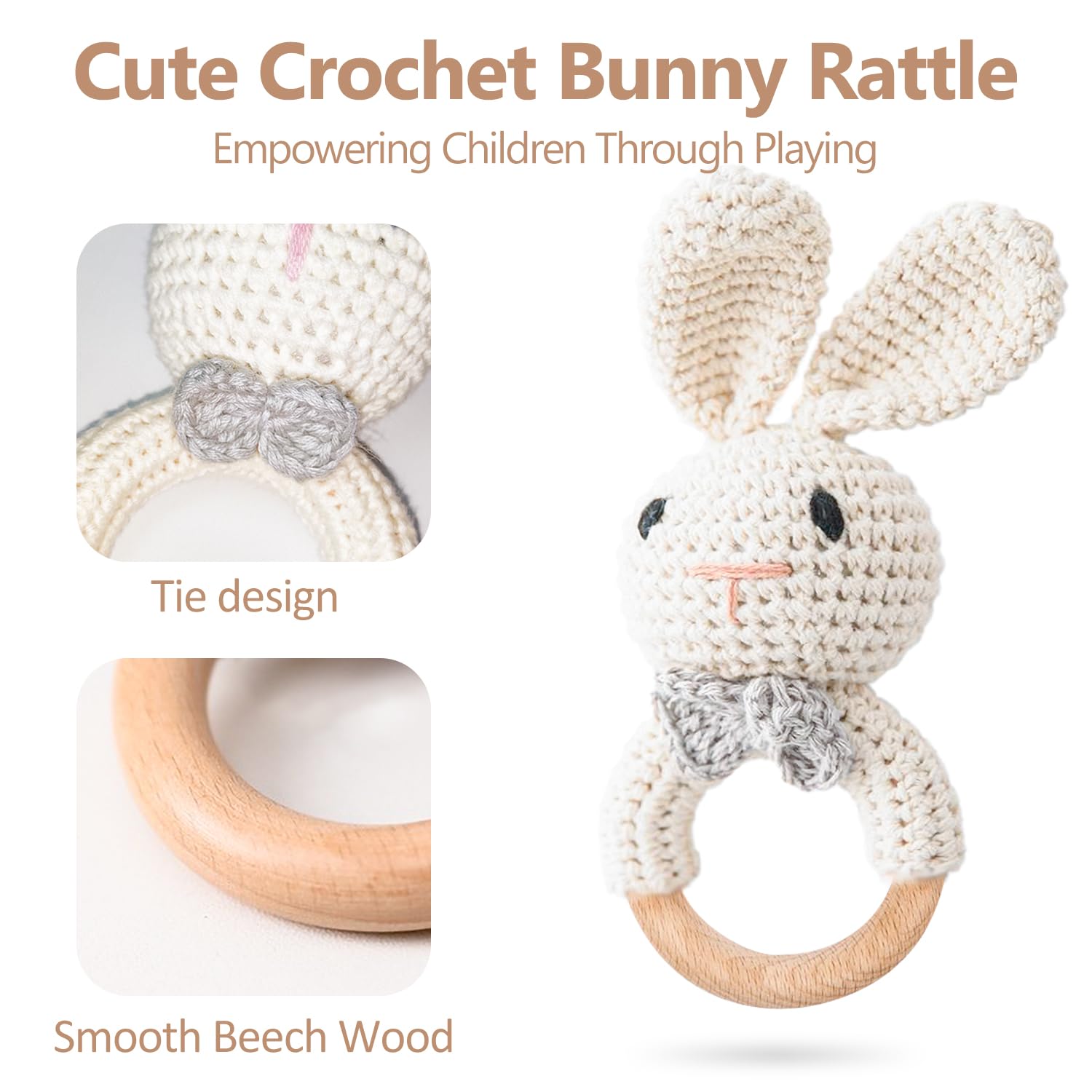 TUOWITA Wooden Baby Rattle with Teething Ring
