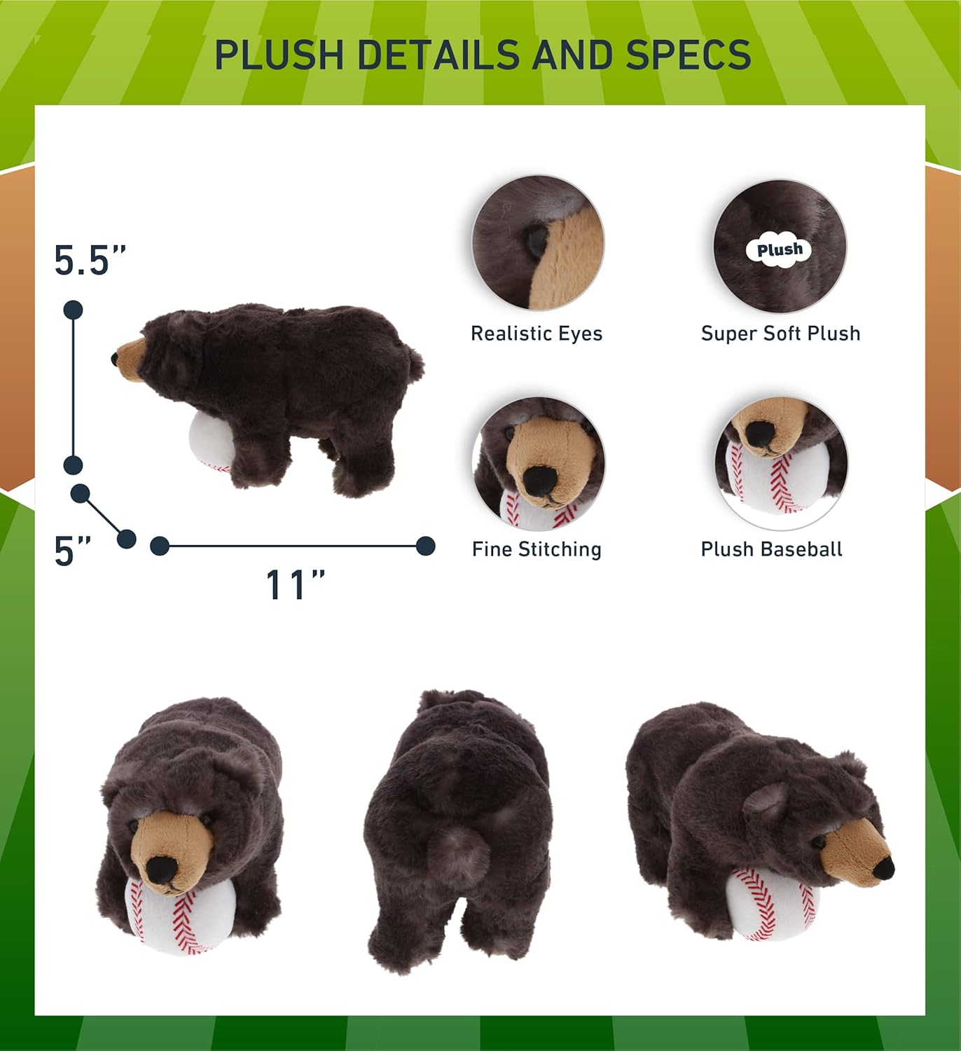 DolliBu Black Bear Plush with Baseball - 11 Inch