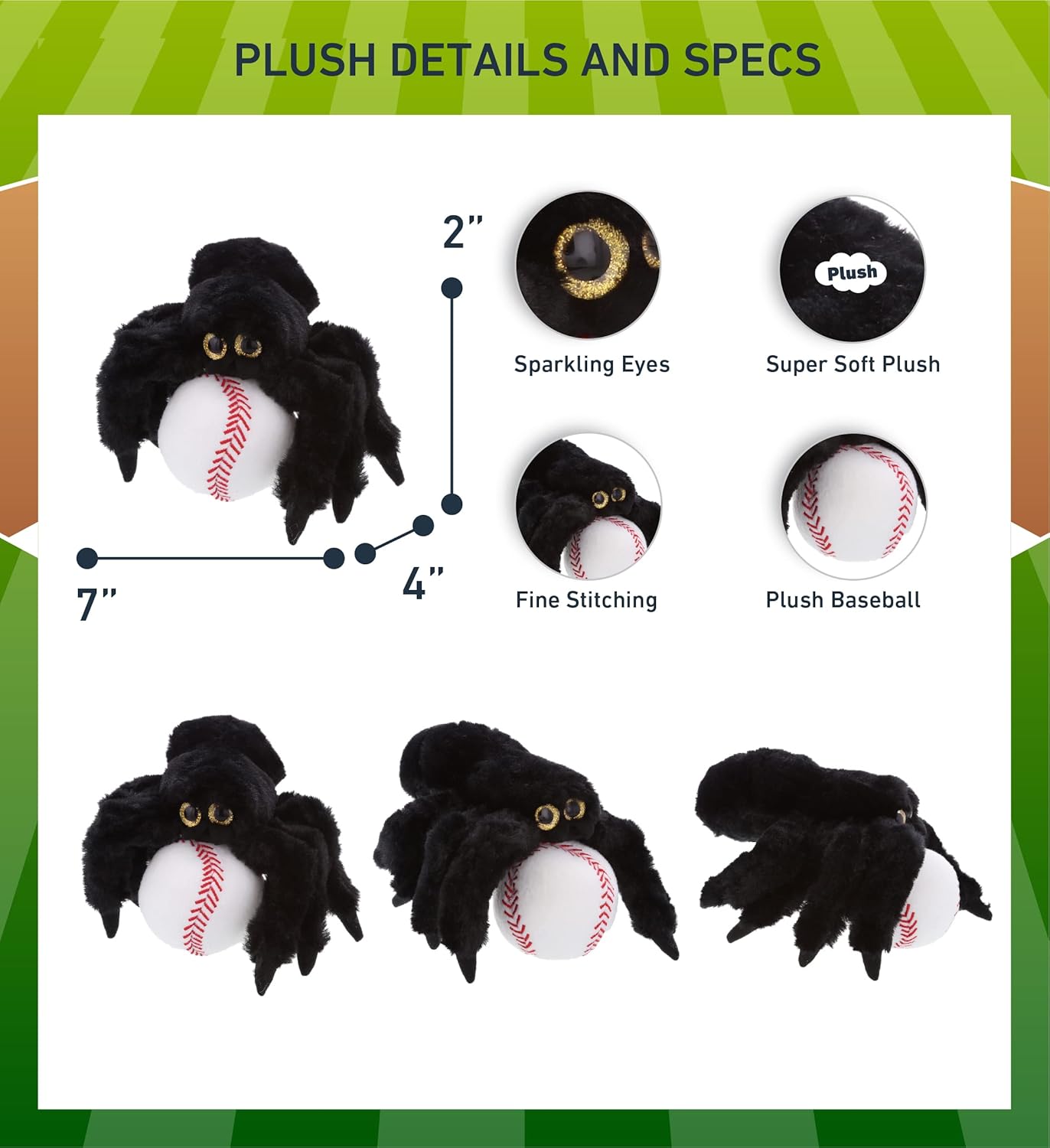DolliBu Black Spider Plush with Baseball - 7 Inch Huggable Stuffed Animal