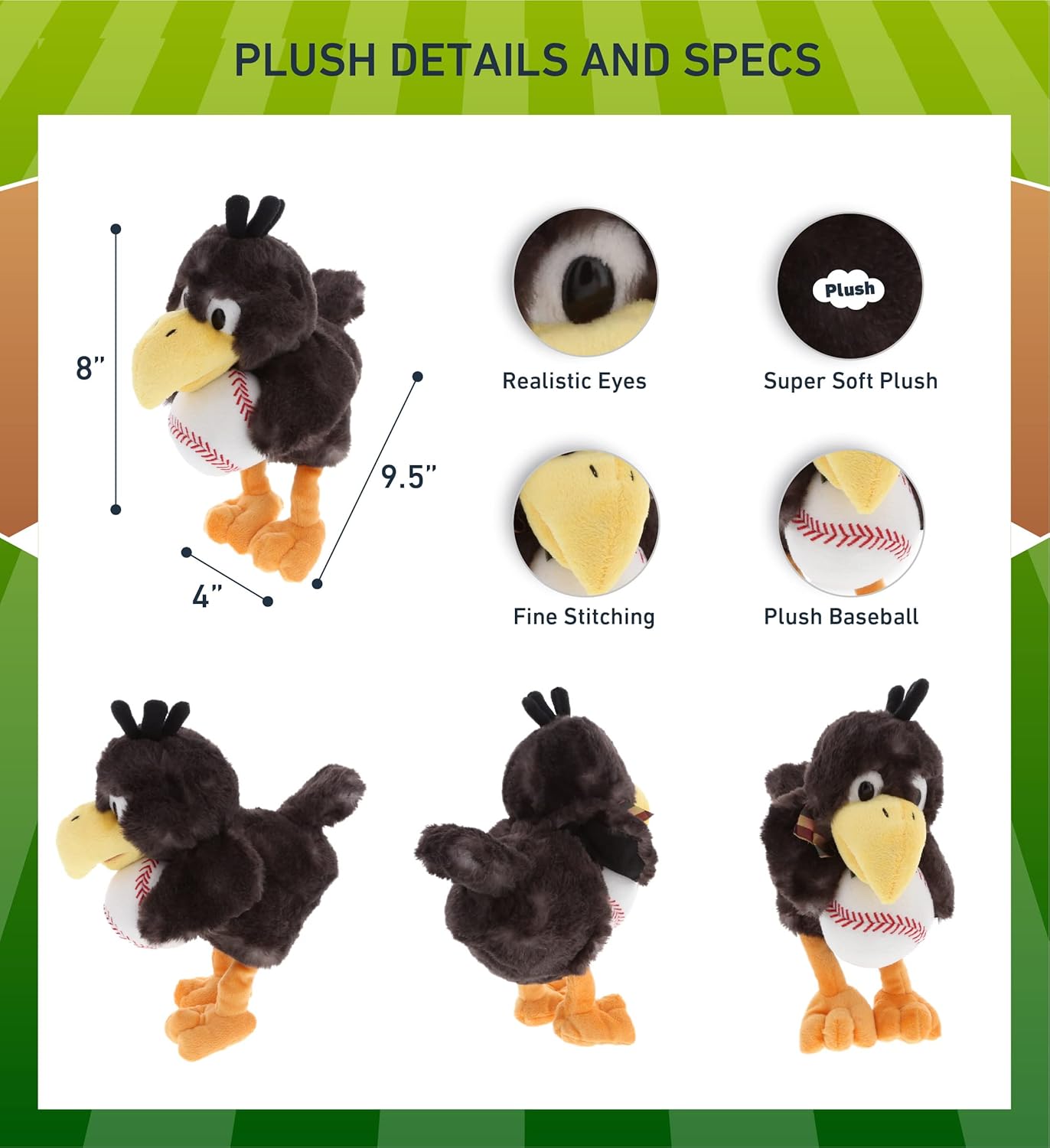 DolliBu Sitting Crow Plush with Baseball - 95 Inches