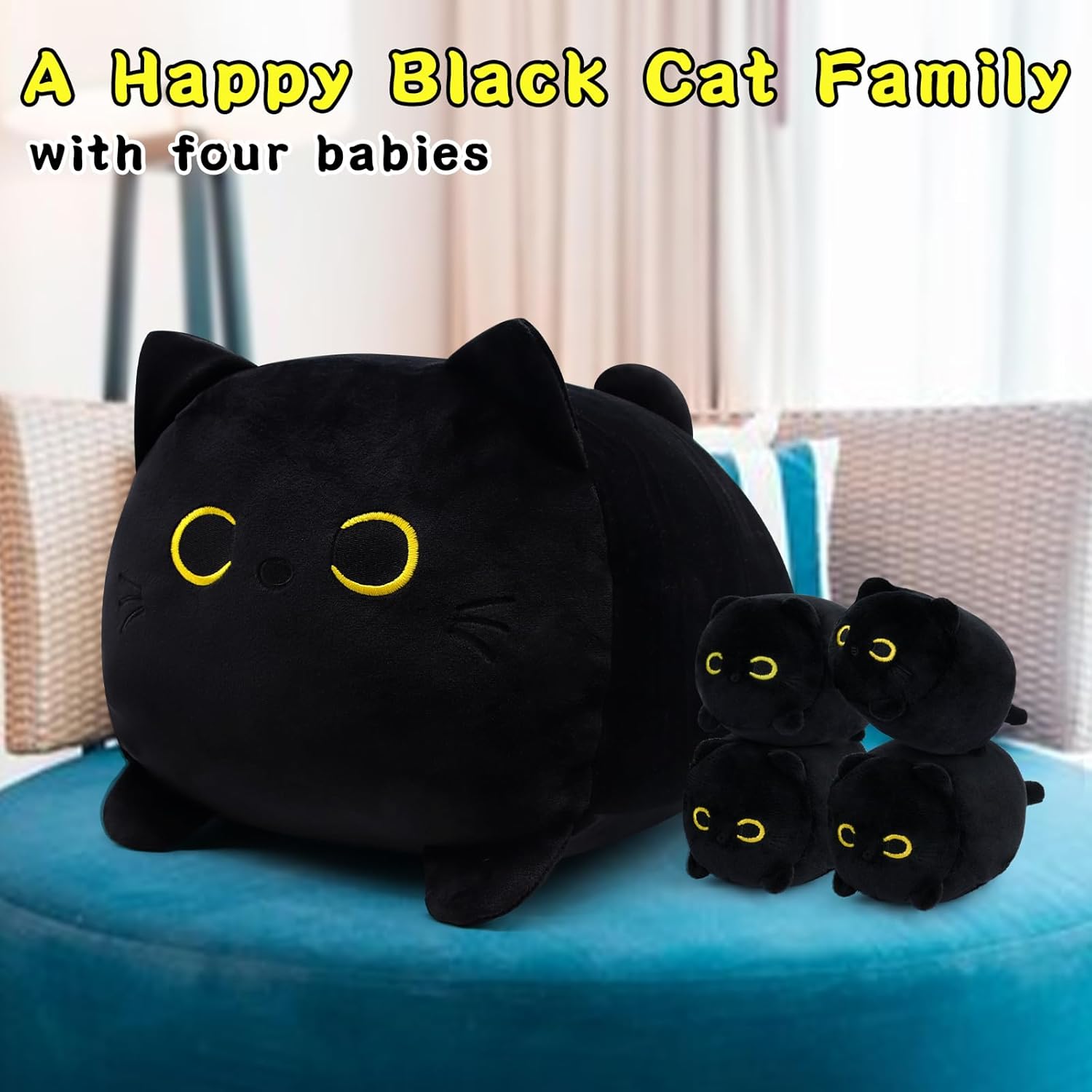 Black Cat Plushie Toy with 4 Baby Kittens
