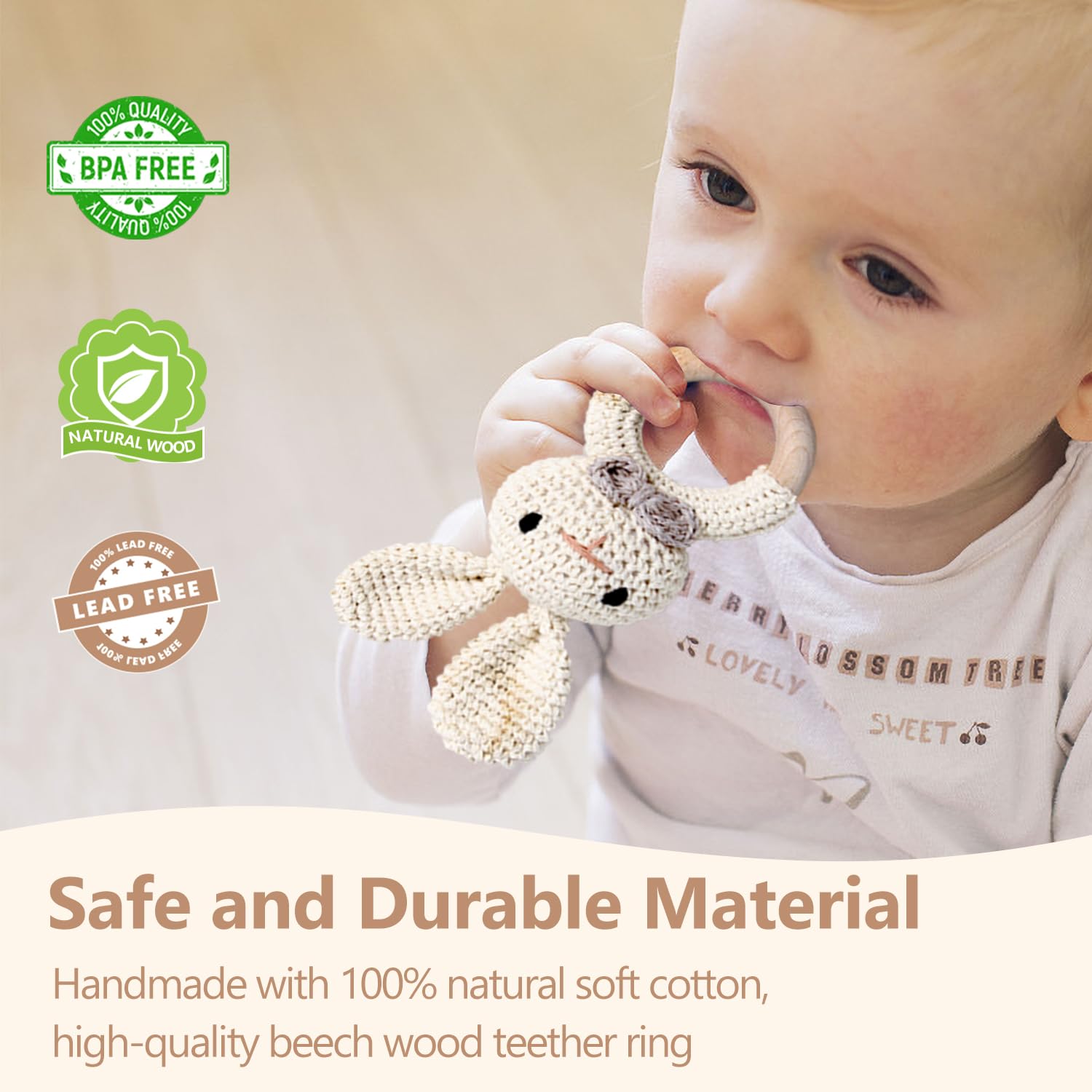 TUOWITA Wooden Baby Rattle with Teething Ring