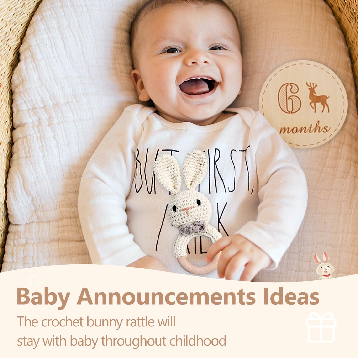 TUOWITA Wooden Baby Rattle with Teething Ring