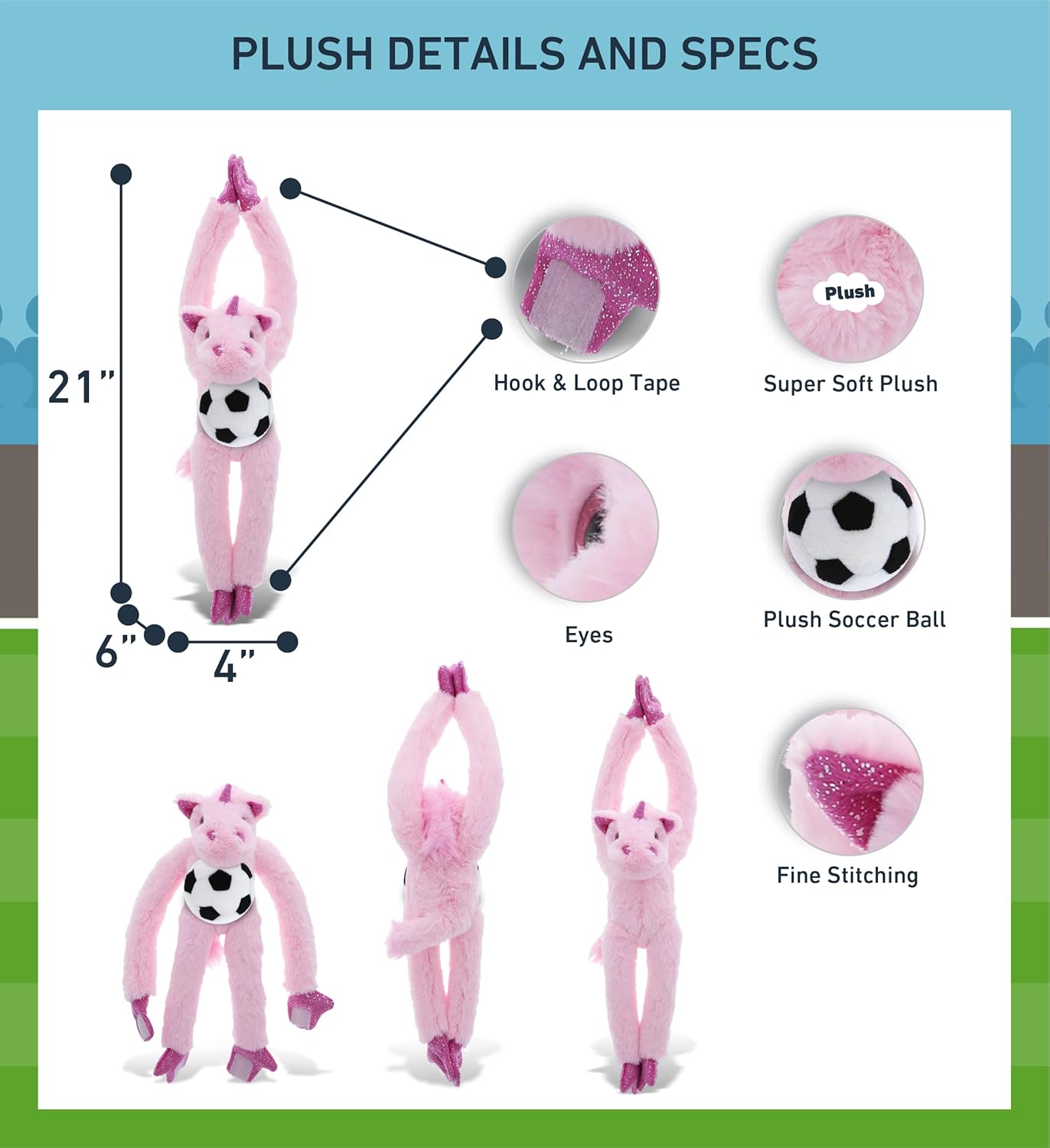 DolliBu Long Arms Unicorn Plush with Soccer Ball - 21 Inches