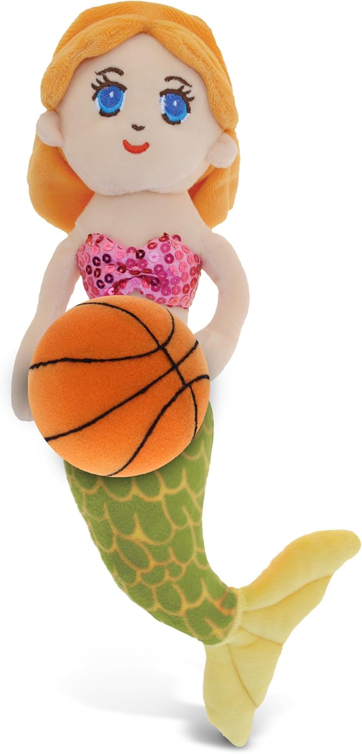 DolliBu Green Mermaid Stuffed Animal with Basketball Plush - 14 Inch