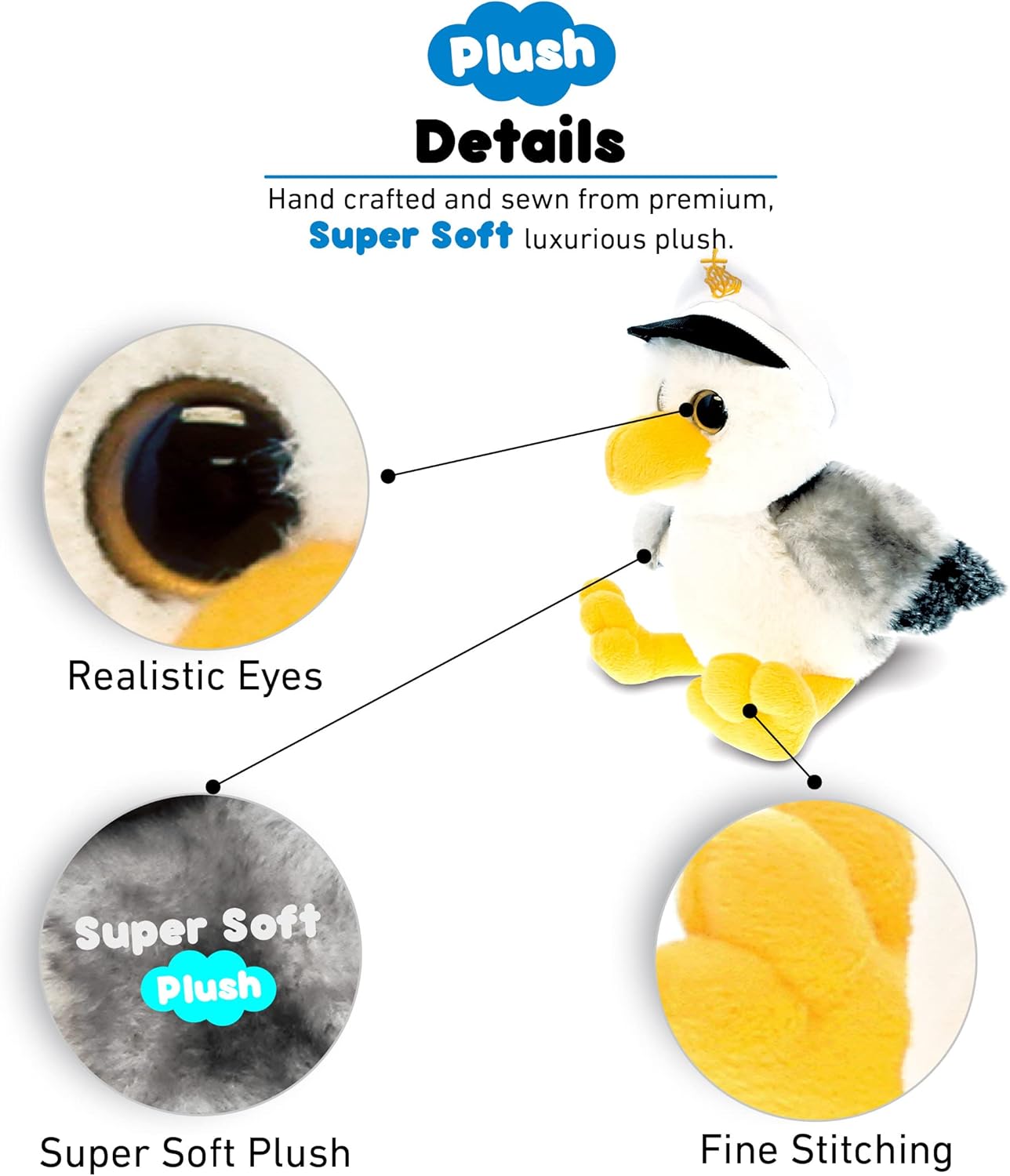 DolliBu Plush Seagull - Soft Gray Sailor Cuddle Toy for Kids Adults