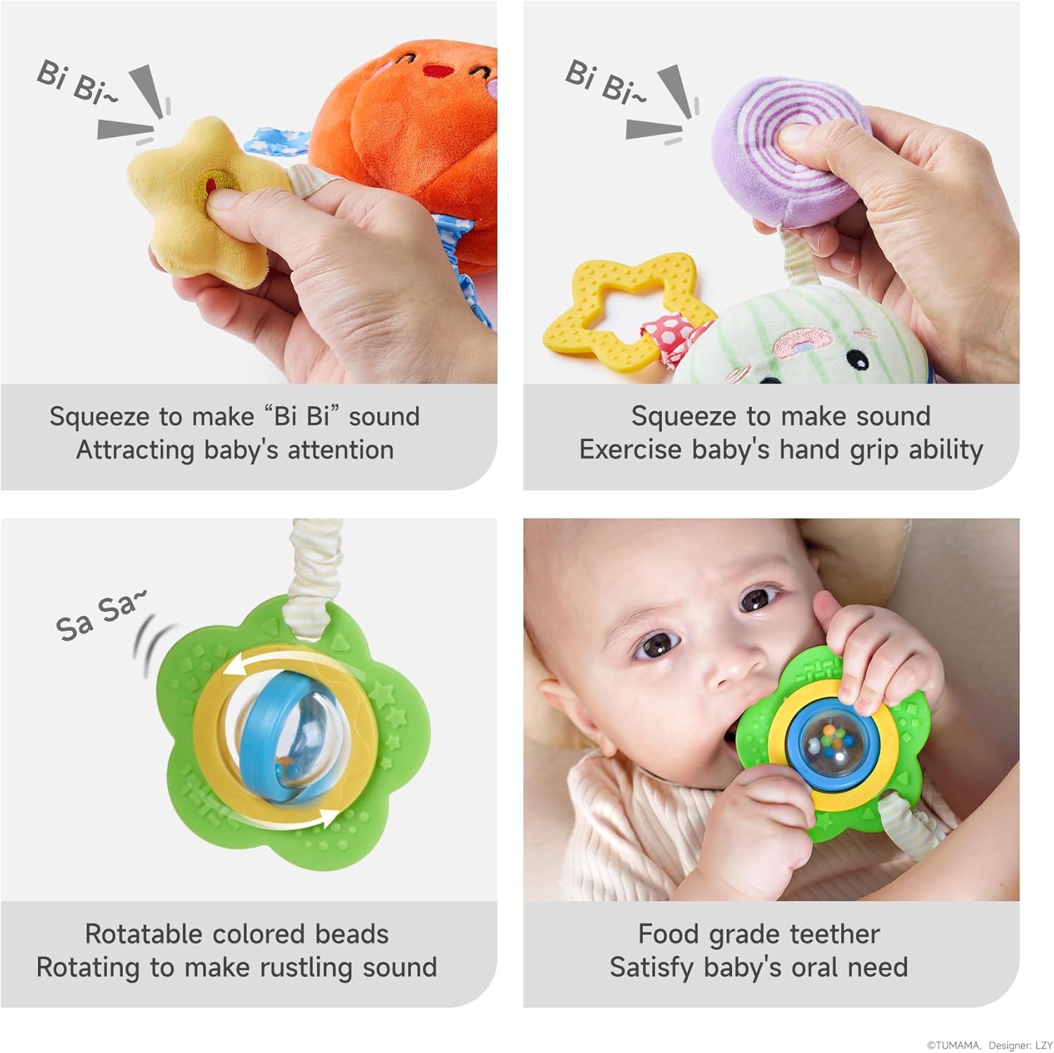 TUMAMA Hanging Baby Toys 4 Pack with Rattle and Teether