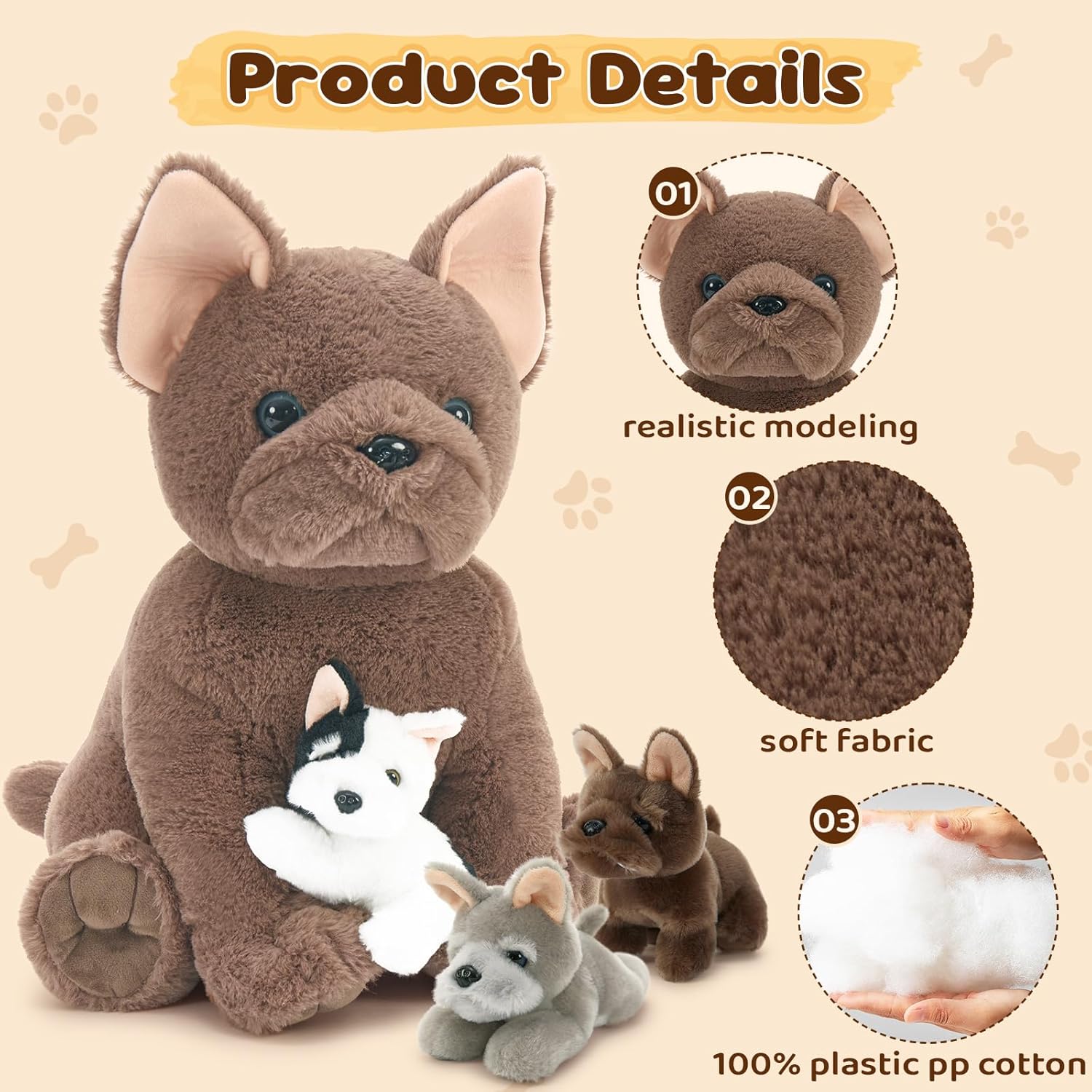 Tezituor French Bulldog Plush Toy with 3 Babies
