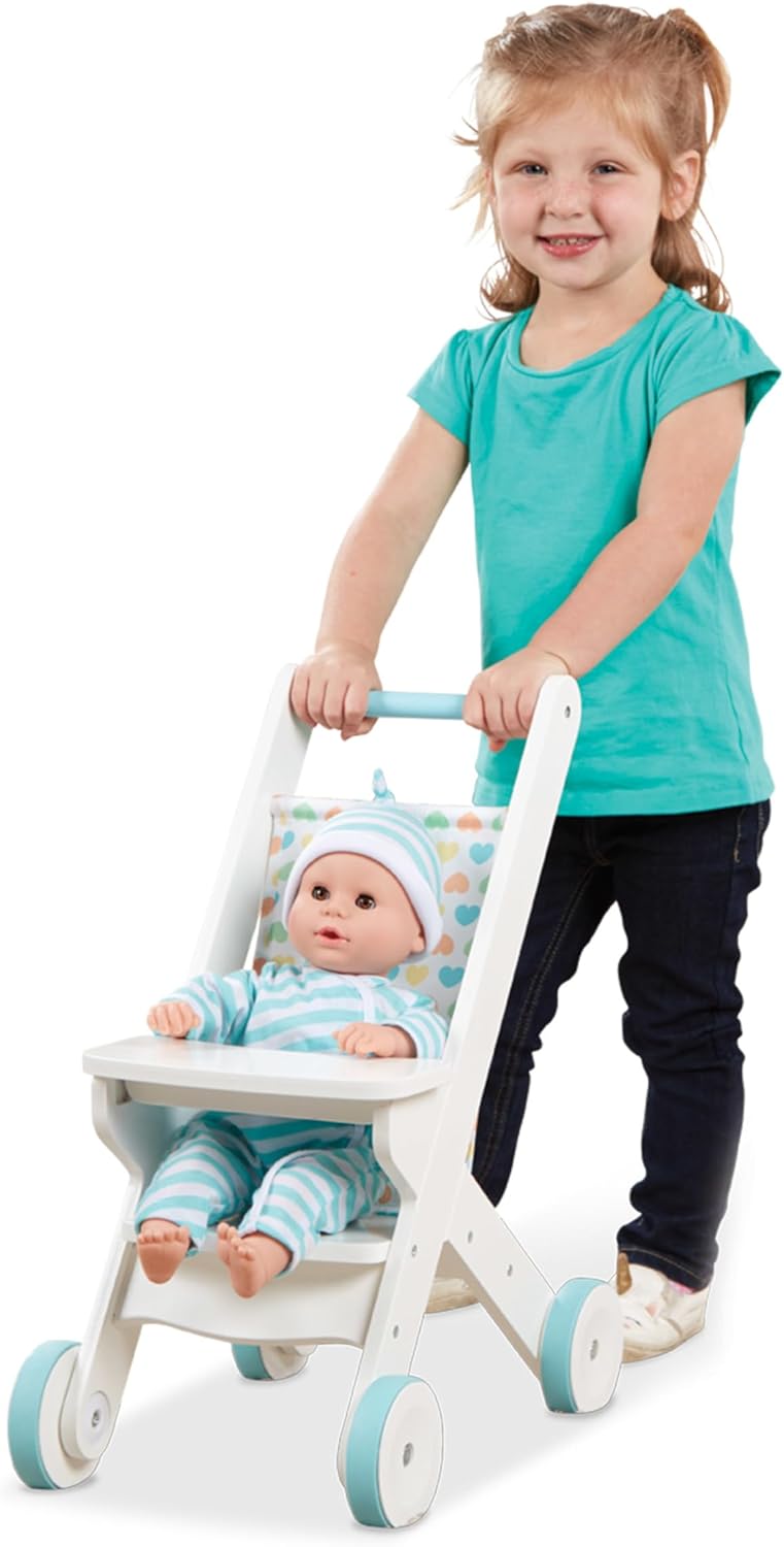 Melissa Doug White Wooden Play Stroller for Dolls and Stuffed Animals