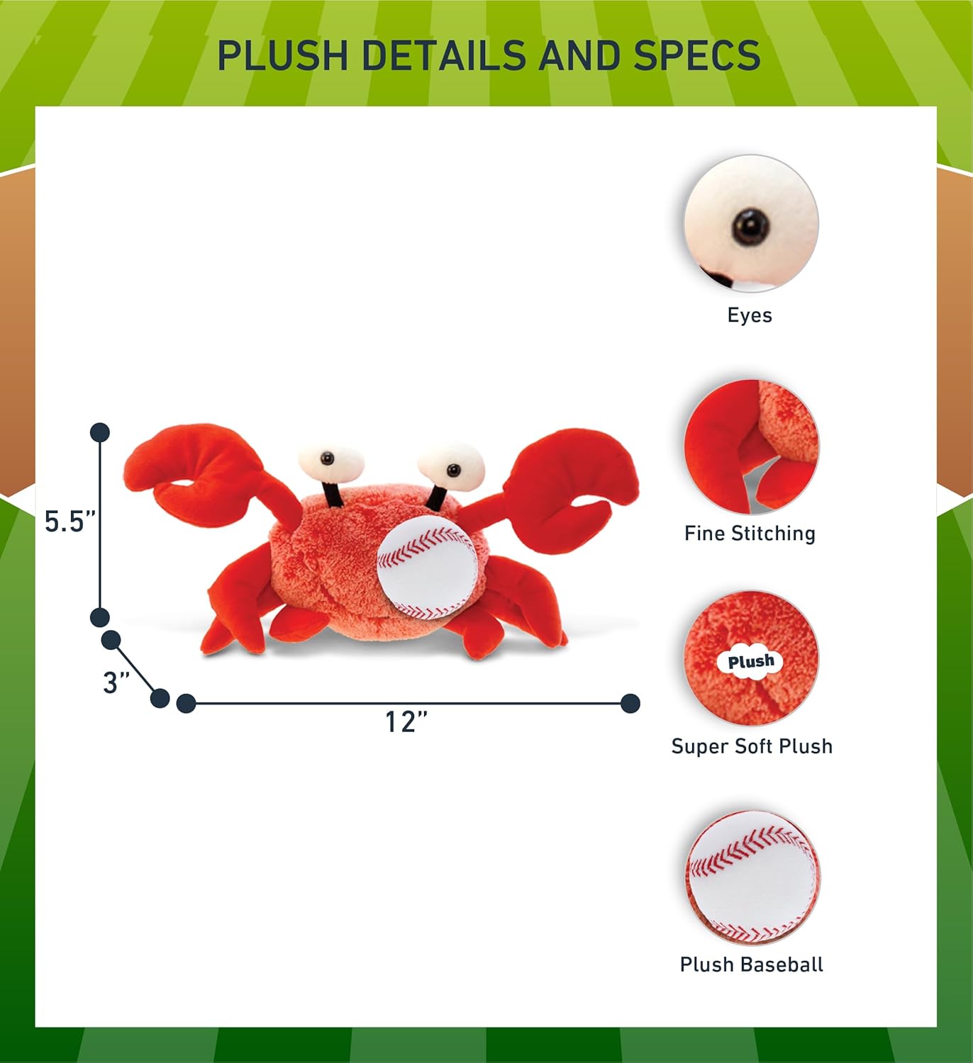 DolliBu Red Crab Stuffed Animal with Baseball - 12 Inches