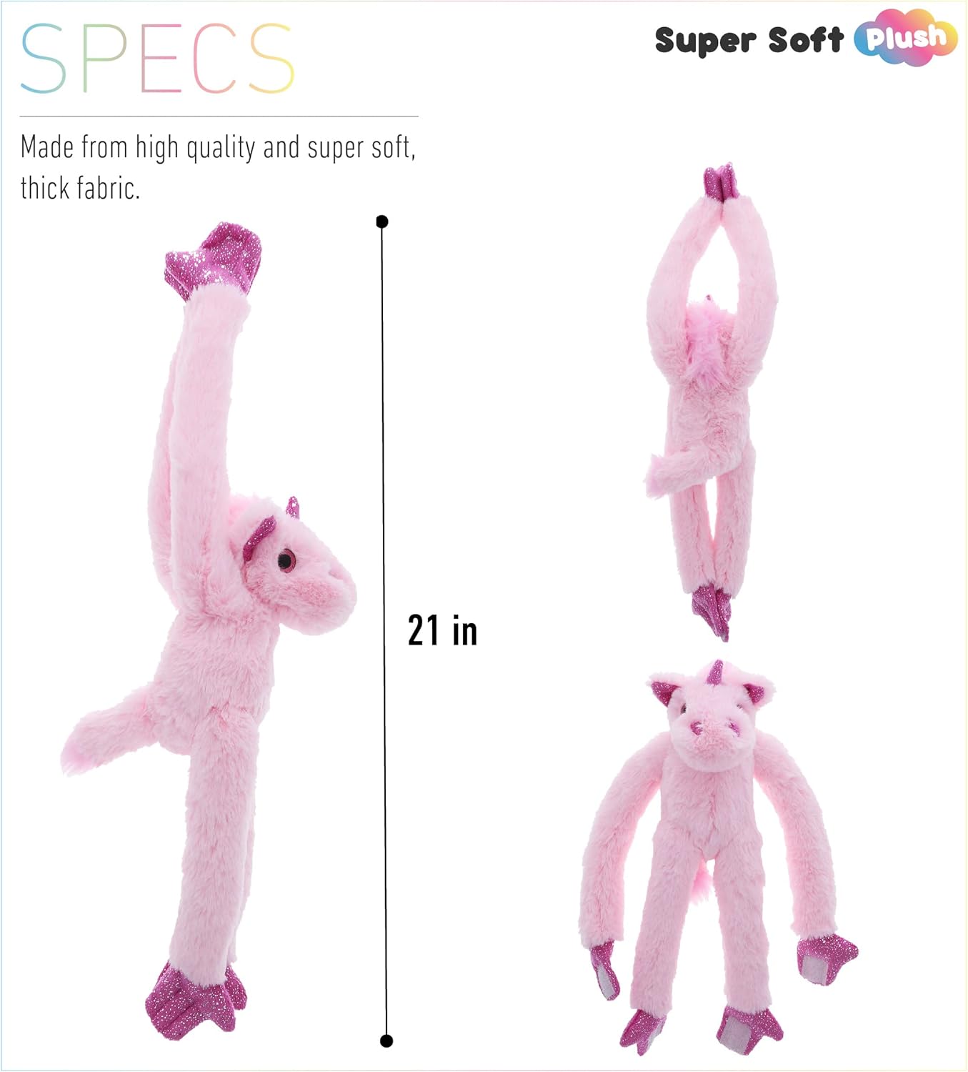 DolliBu Hanging Plush Unicorn with Hook Loop Tape - 21 Inch