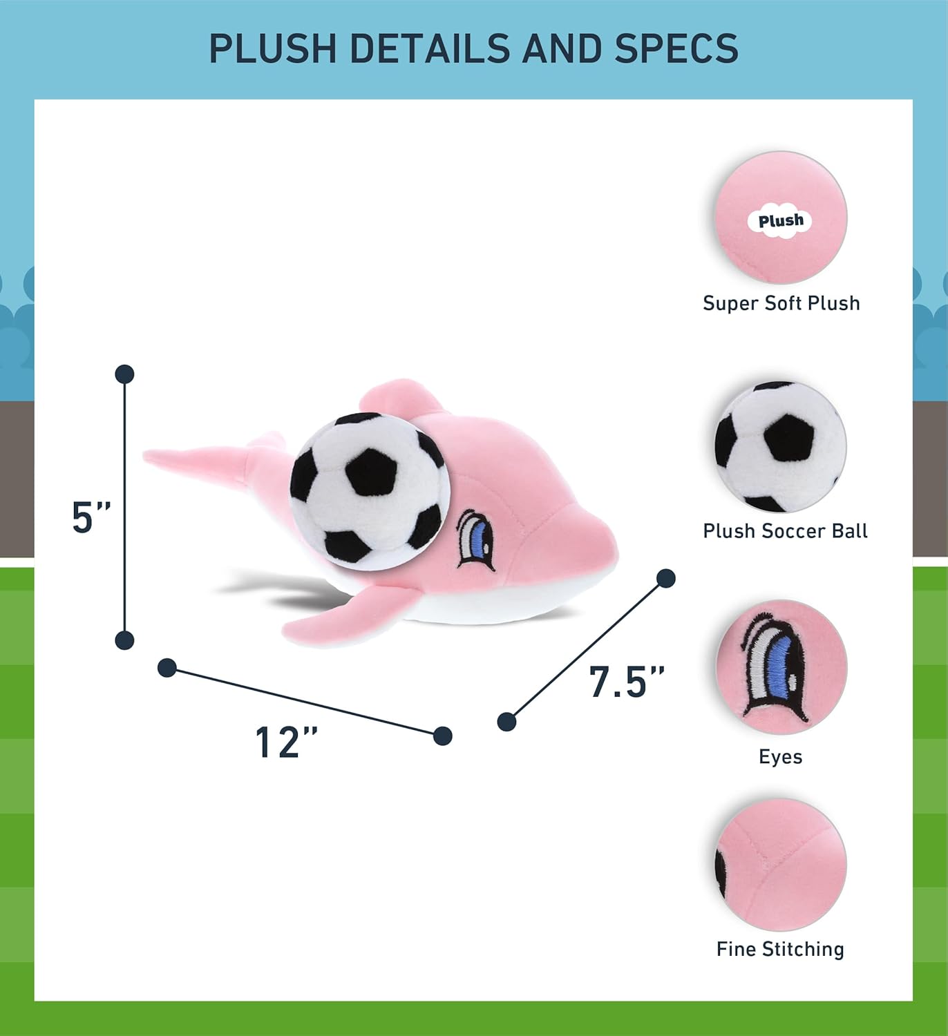 DolliBu Pink Dolphin Plush Toy with Soccer Ball - 12 Inches