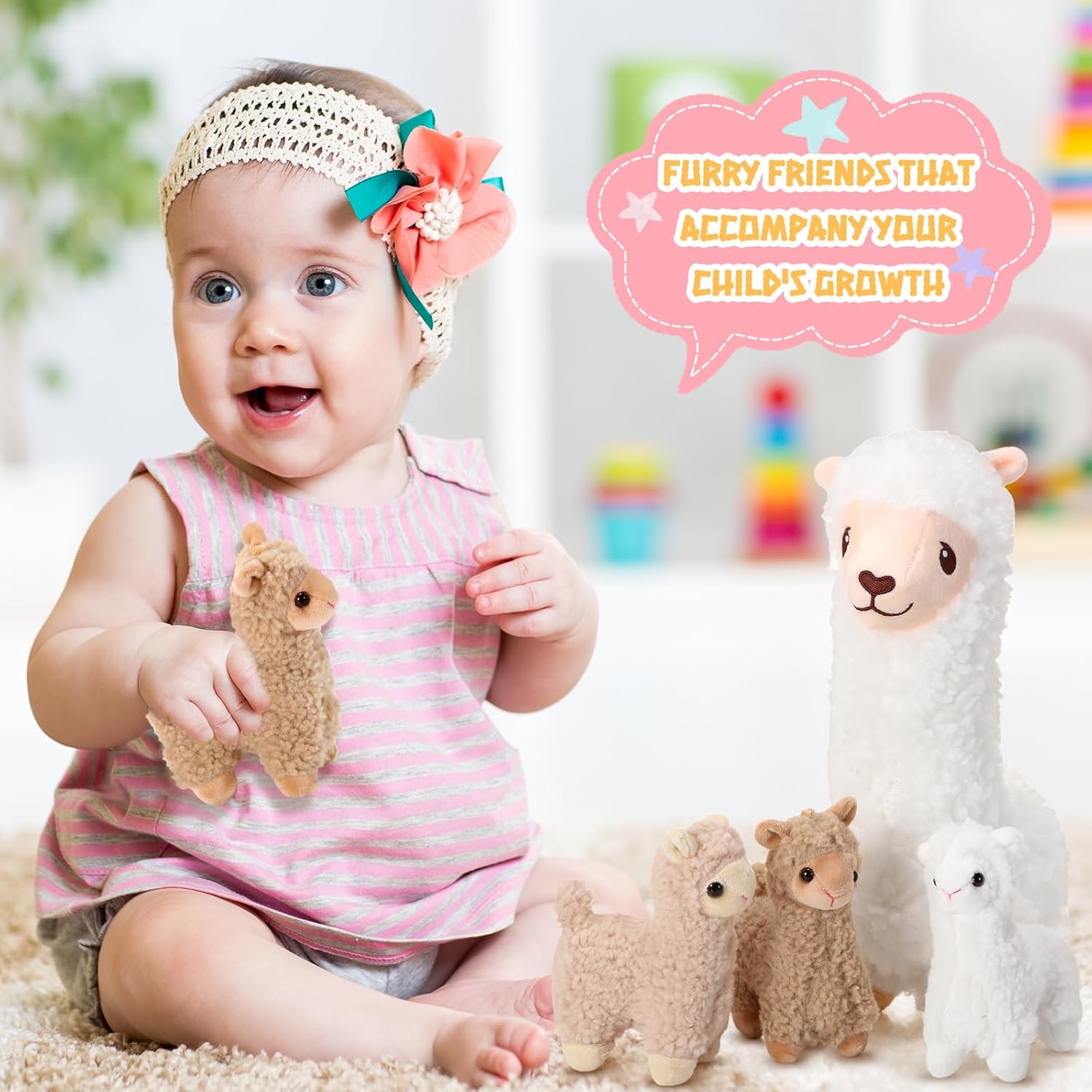 Jenaai Llama Plush Set with 4 Baby Llamas Cute Stuffed Animals
